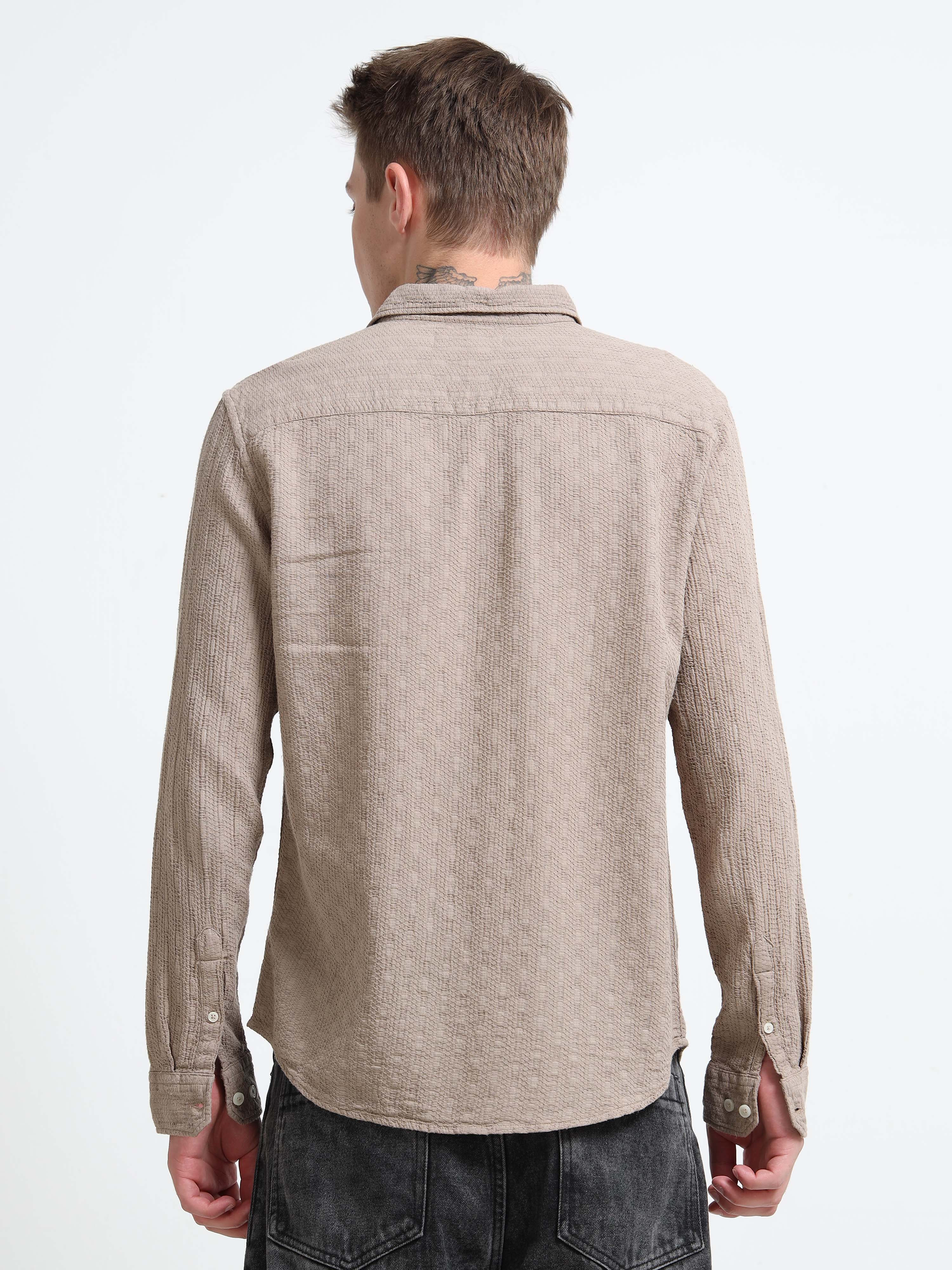 Men Taupe Self-Design Shirt