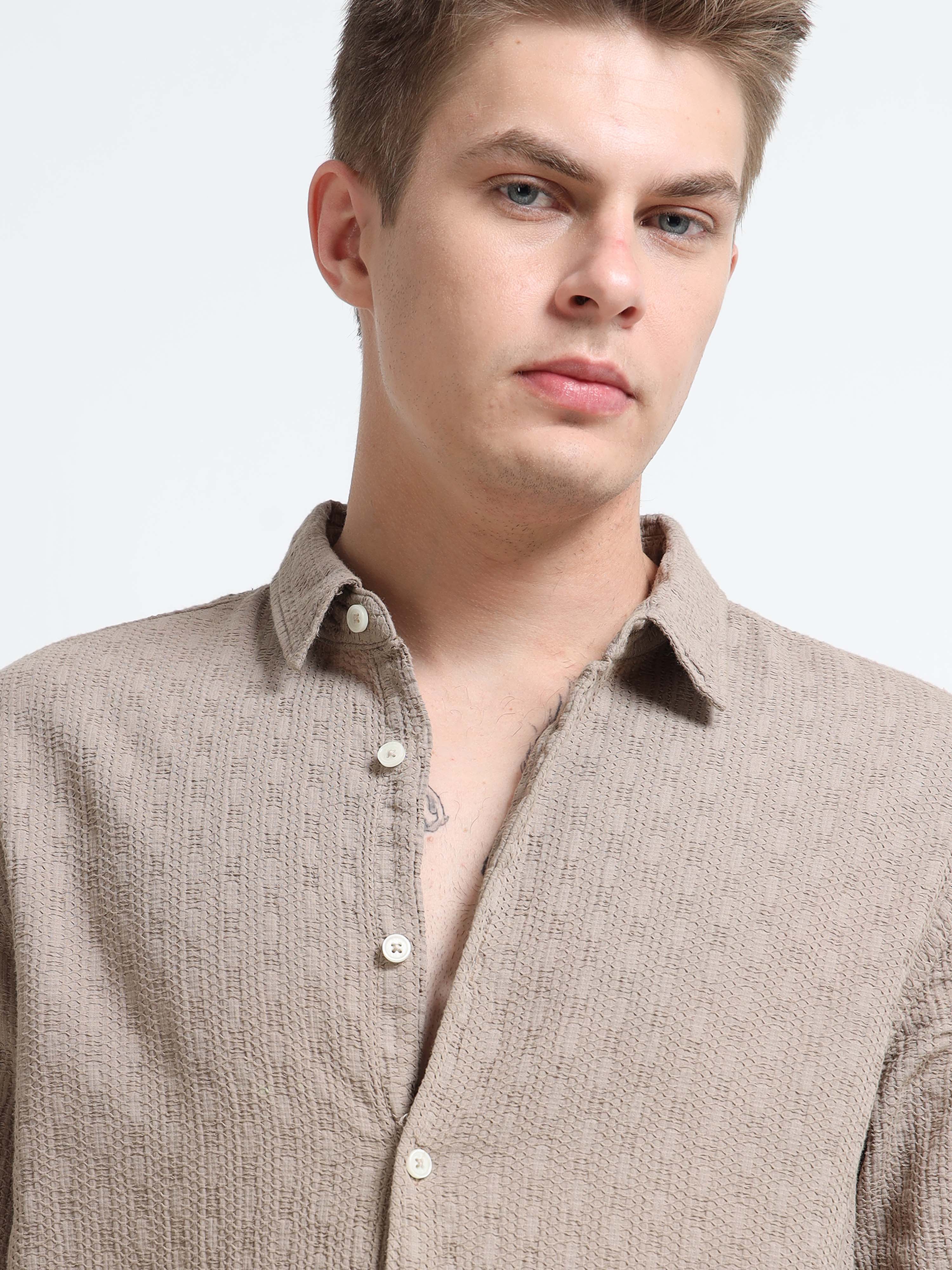 Men Taupe Self-Design Shirt