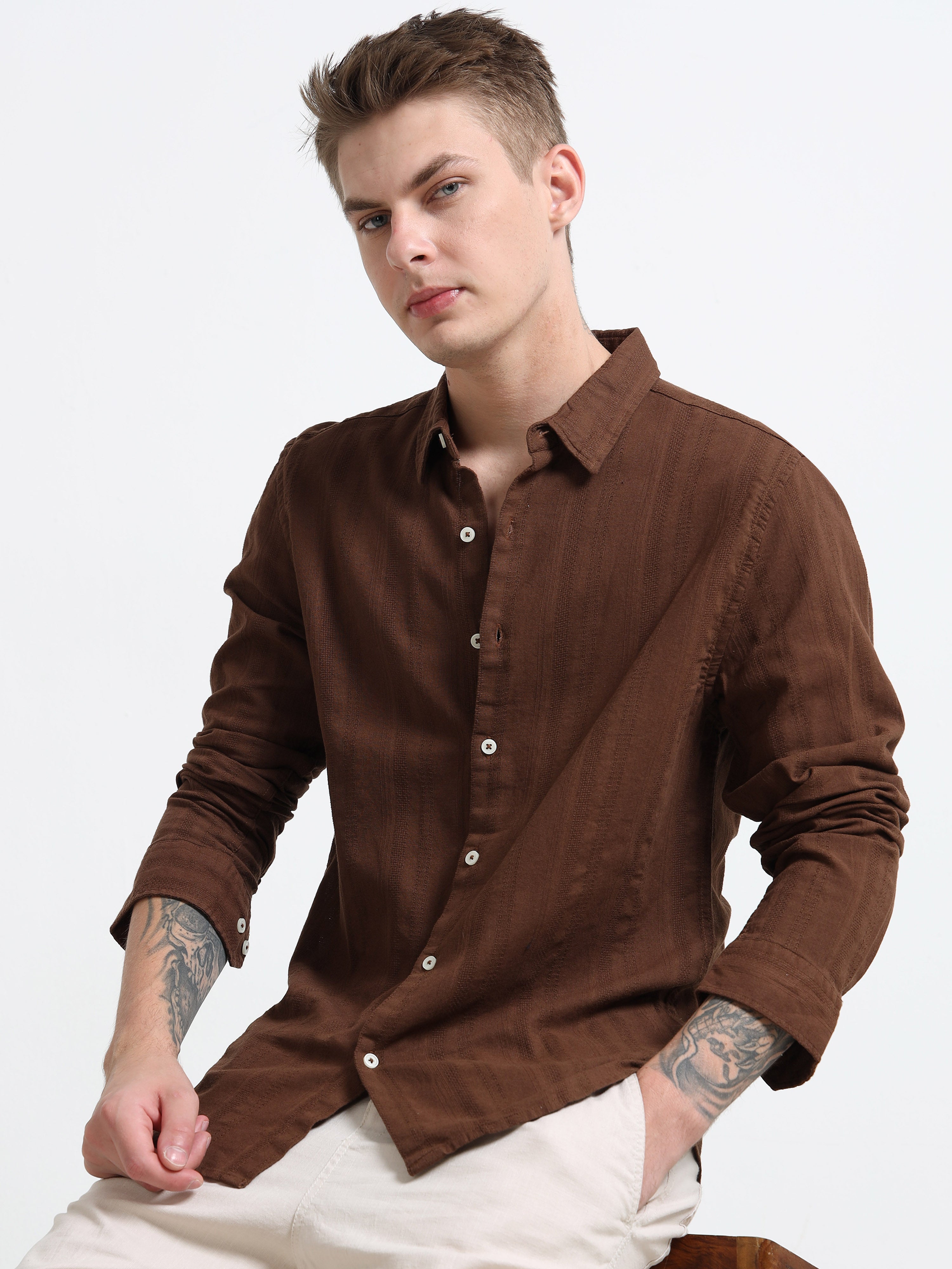 Men Brown Self Design Shirt
