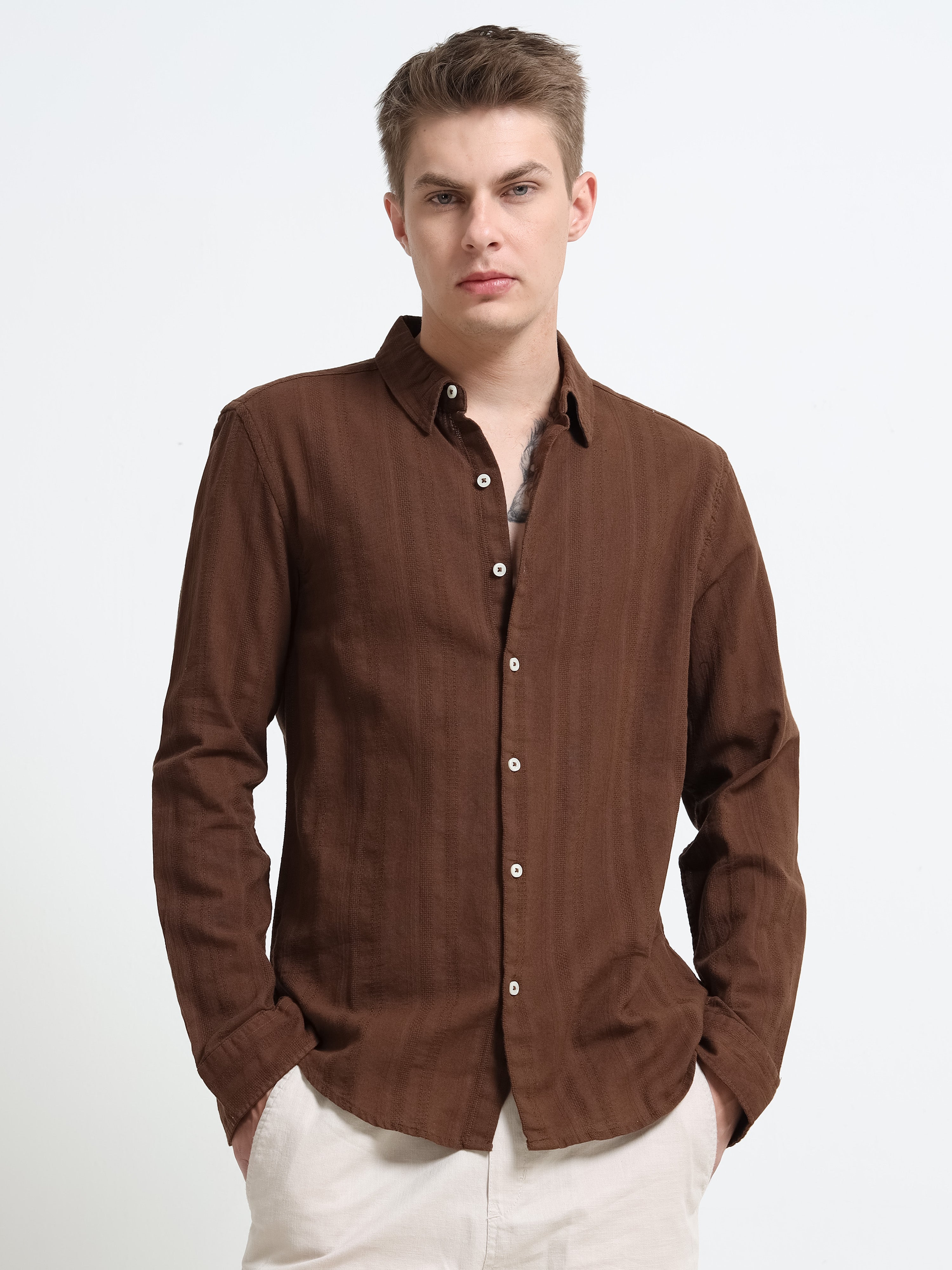 Men Brown Self Design Shirt