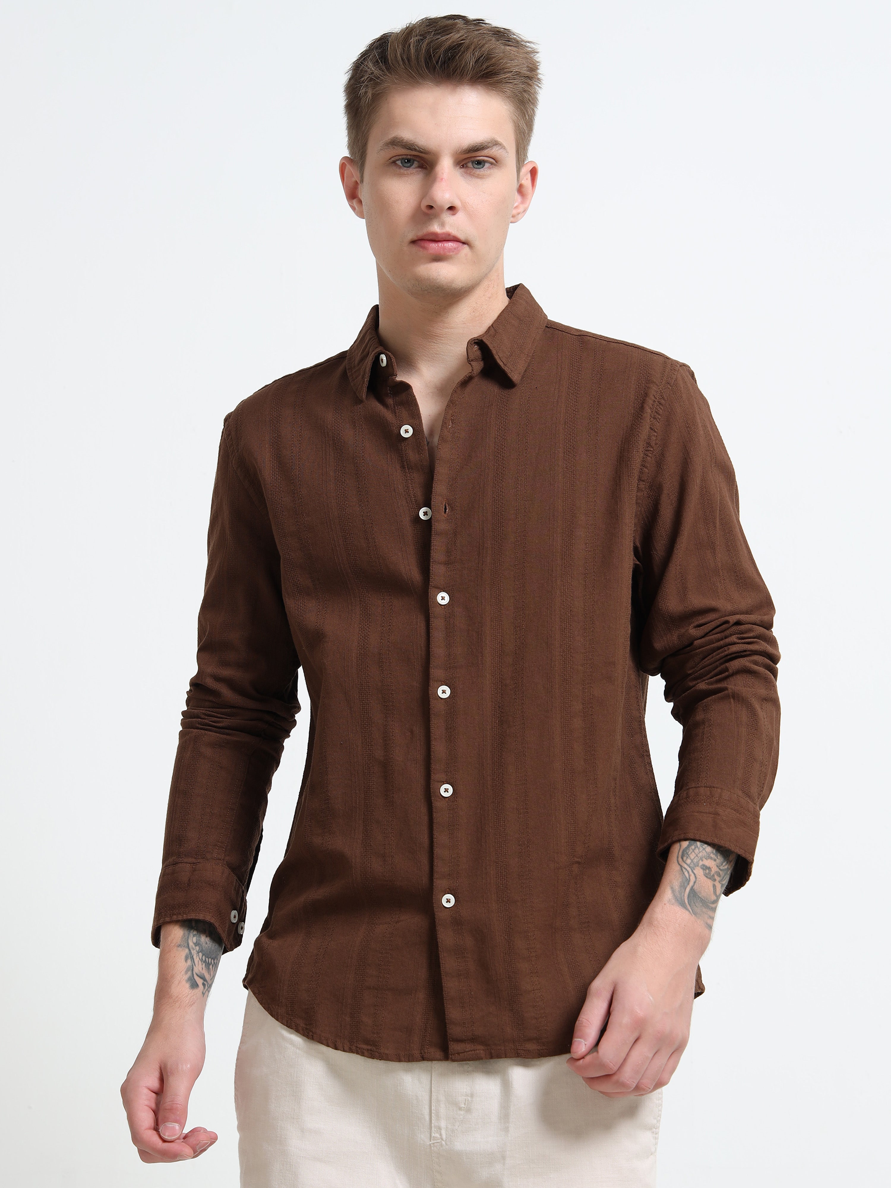 Men Brown Self Design Shirt