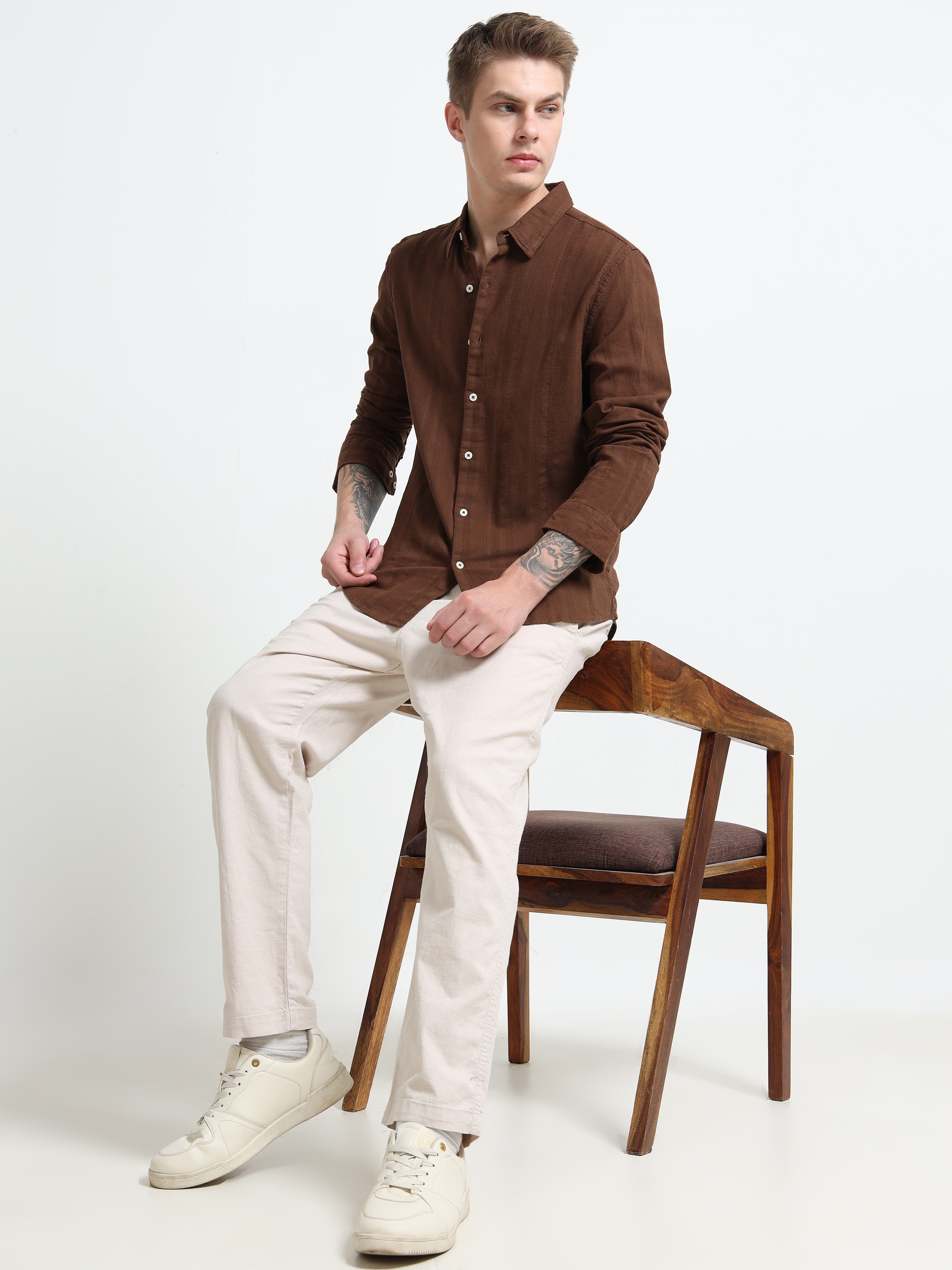 Men Brown Self Design Shirt