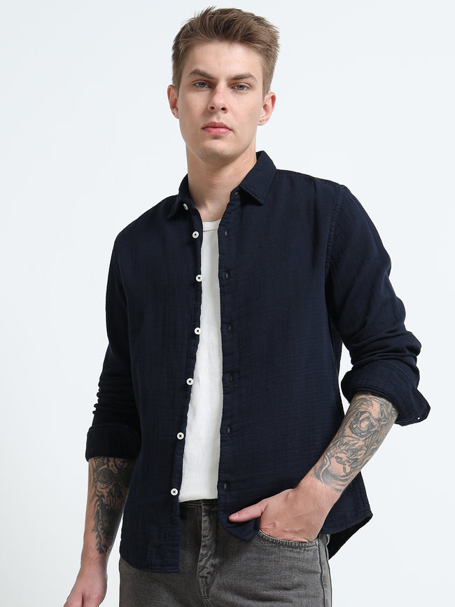 Men Navy Double Cloth Shirt