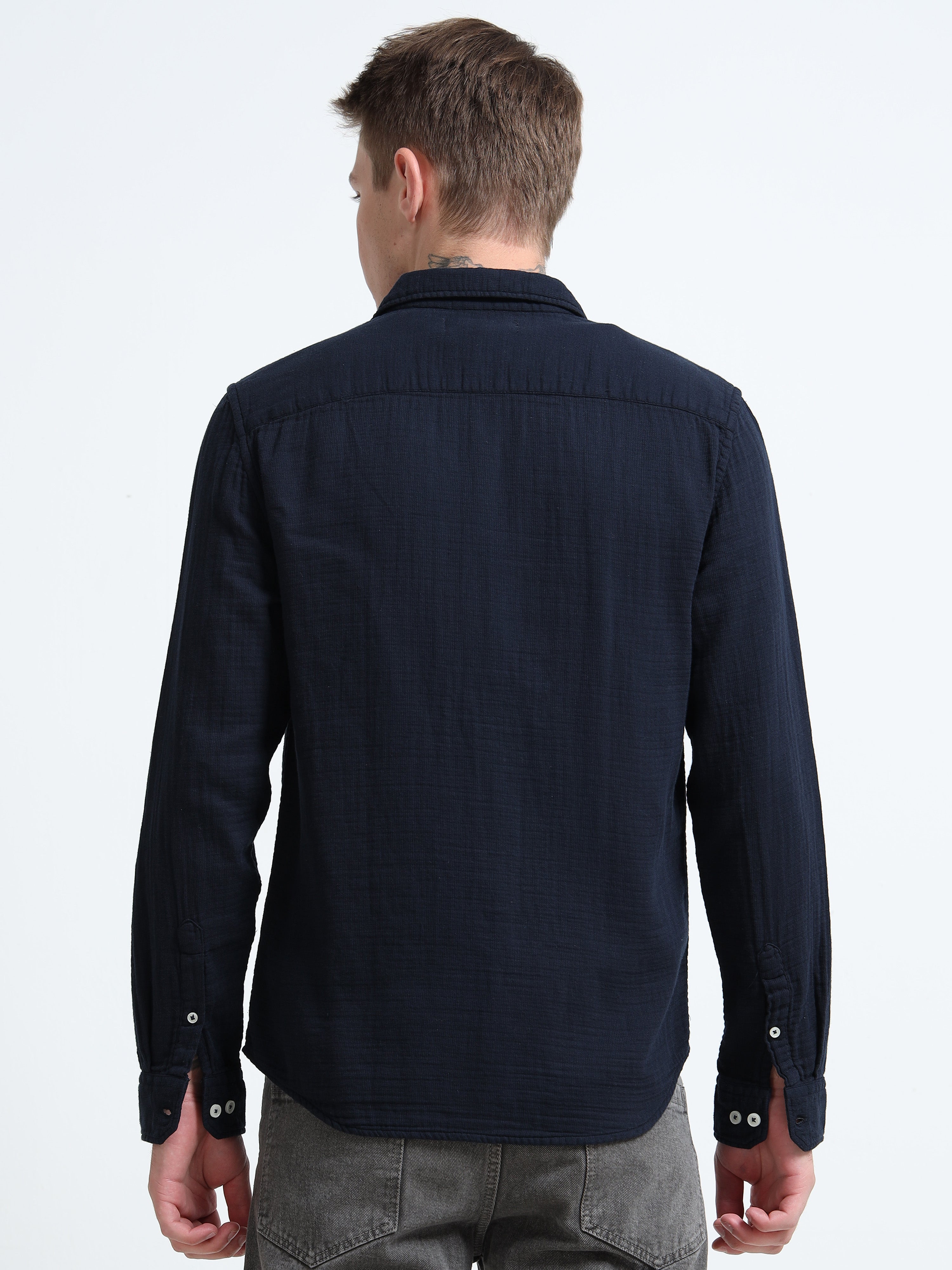 Men Navy Double Cloth Shirt