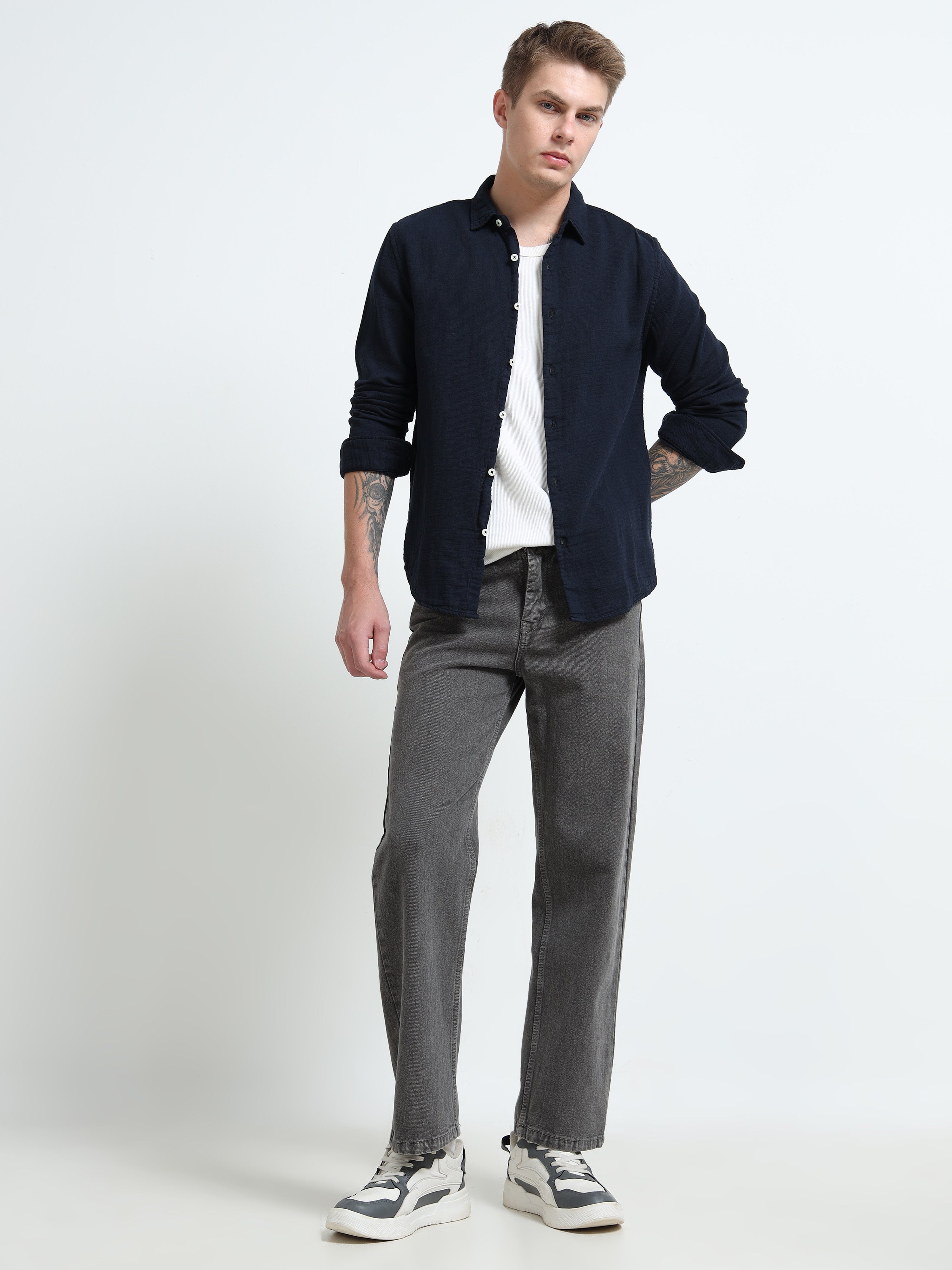 Men Navy Double Cloth Shirt