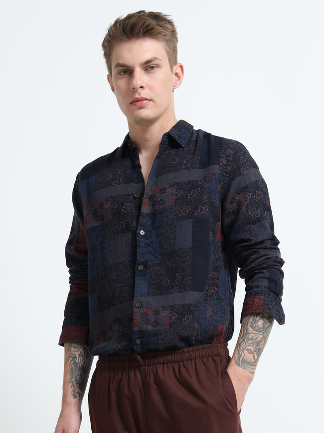 Men Blue Multi Patch Print Shirt