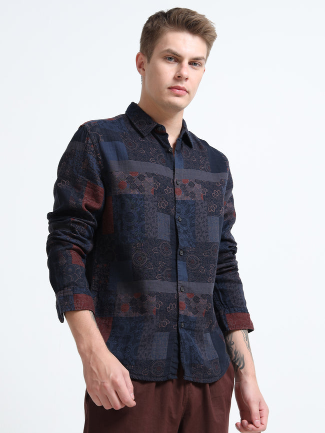 Men Blue Multi Patch Print Shirt