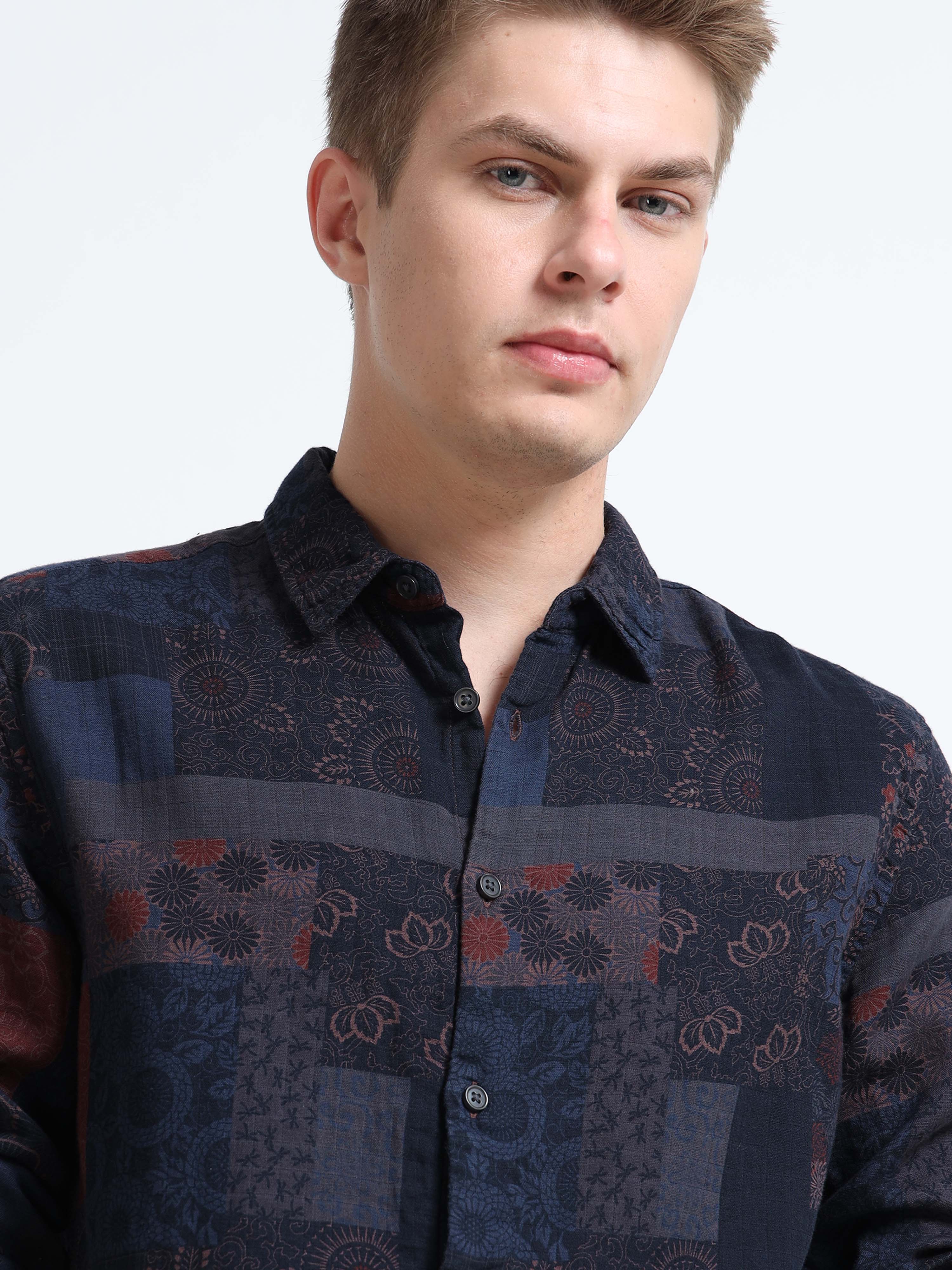 Men Blue Multi Patch Print Shirt