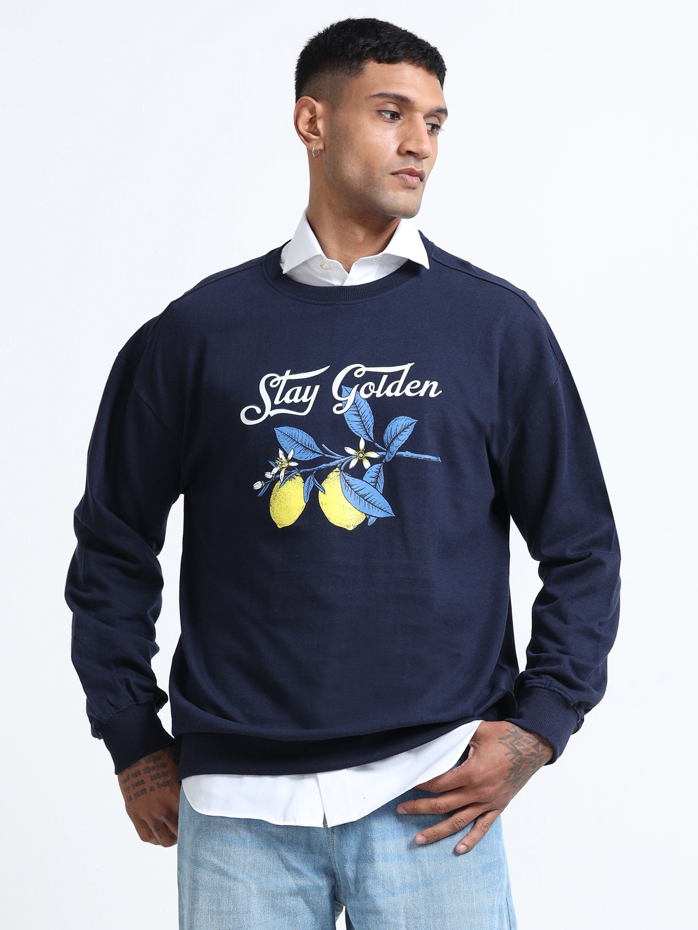 Men Navy Oversized Printed Sweatshirt