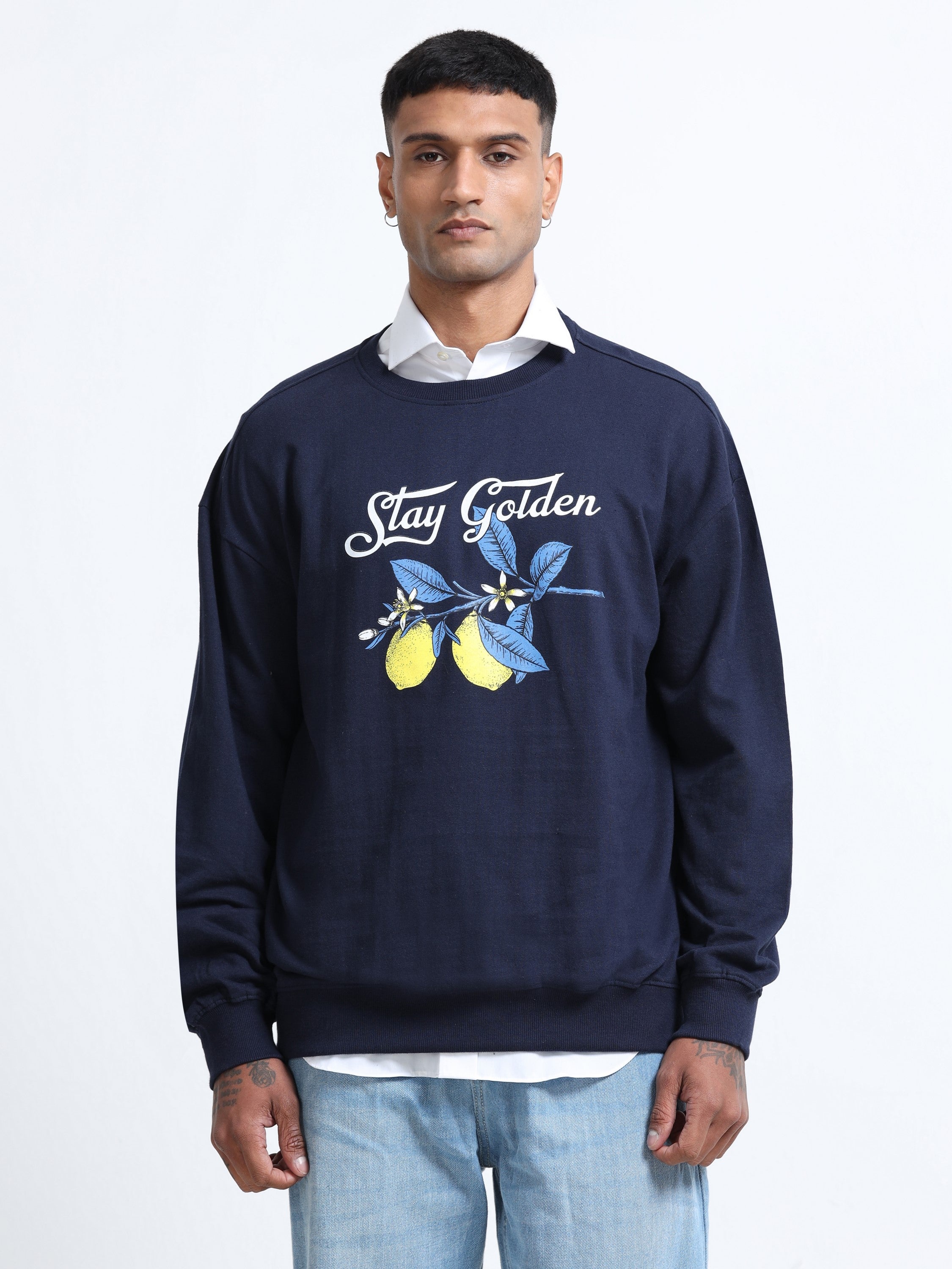 Men Navy Oversized Printed Sweatshirt