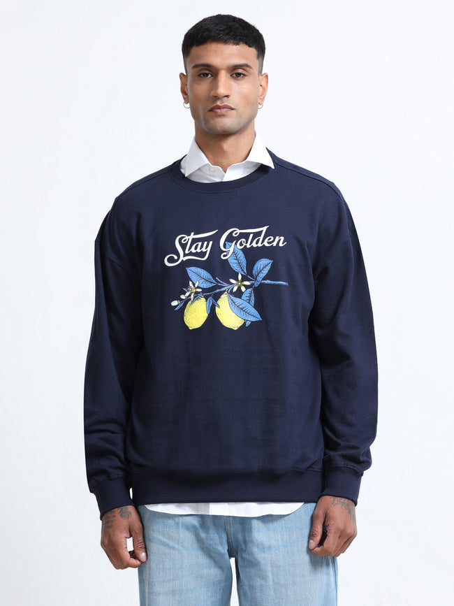 Men Navy Oversized Printed Sweatshirt