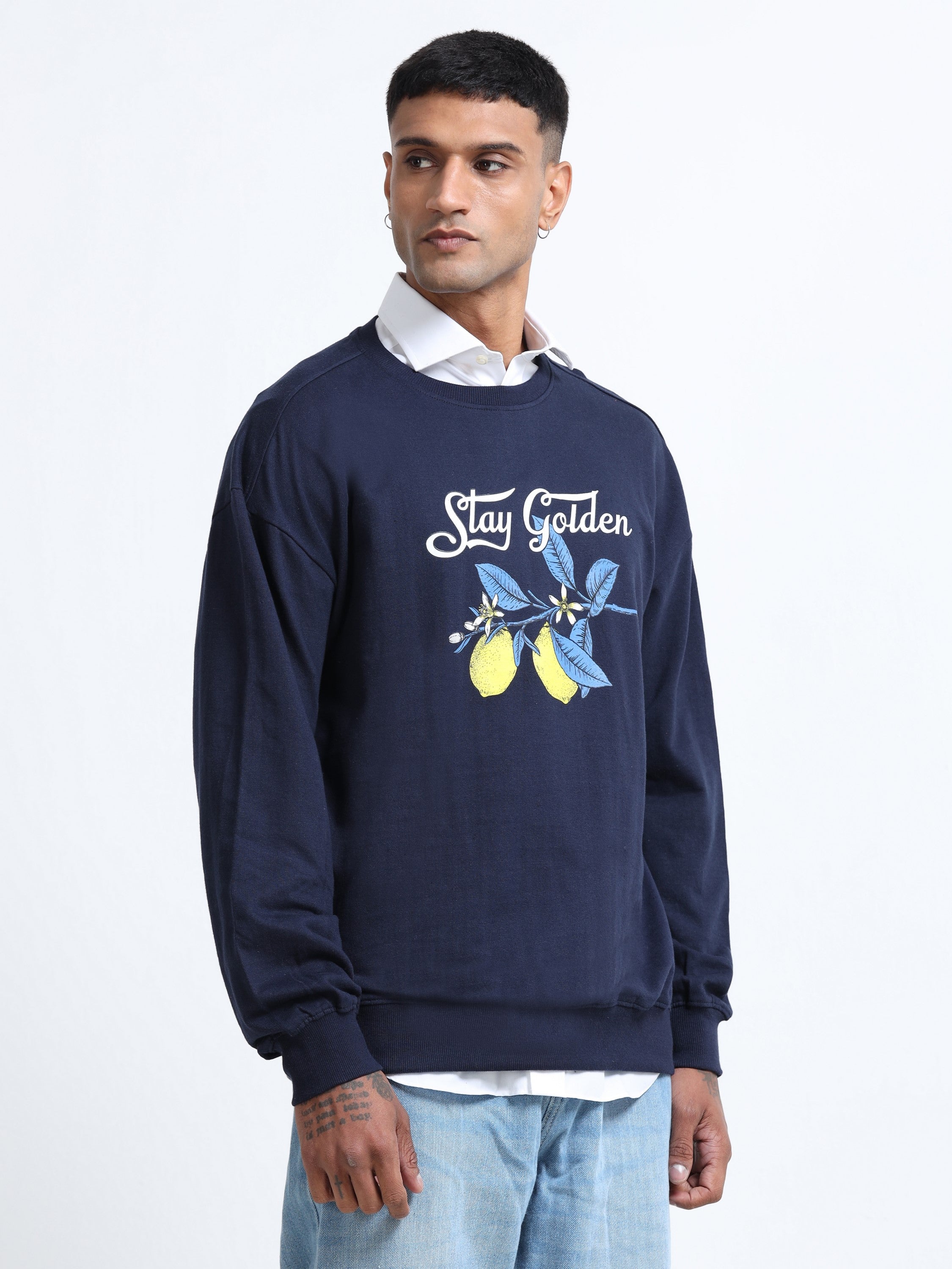 Men Navy Oversized Printed Sweatshirt