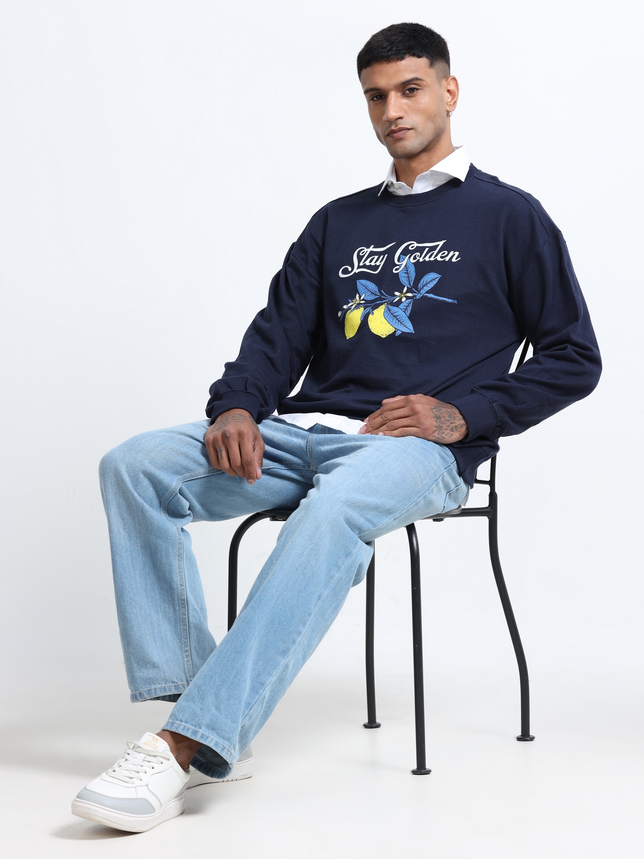 Men Navy Oversized Printed Sweatshirt