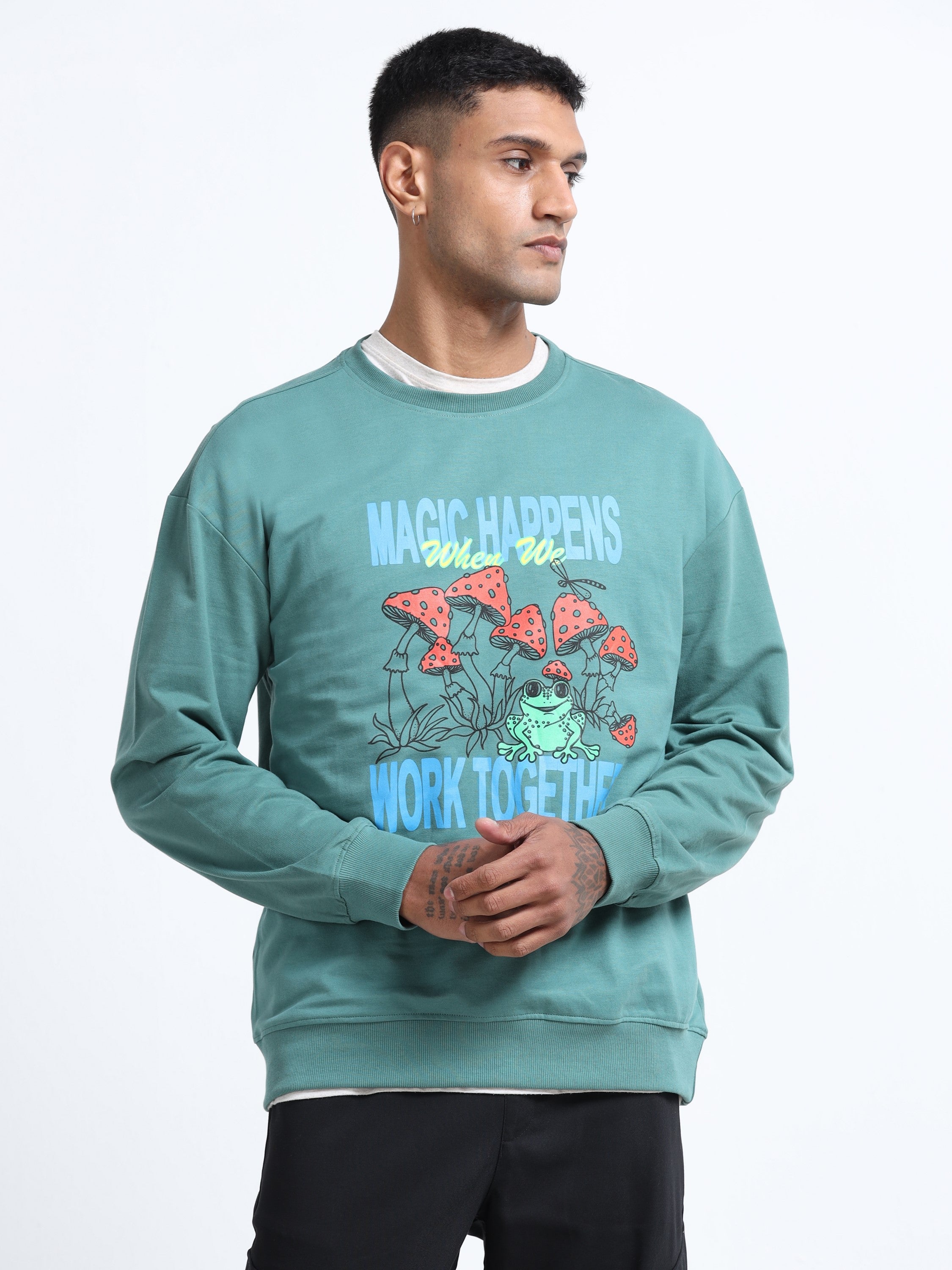 Men Green Printed Oversized Sweatshirt