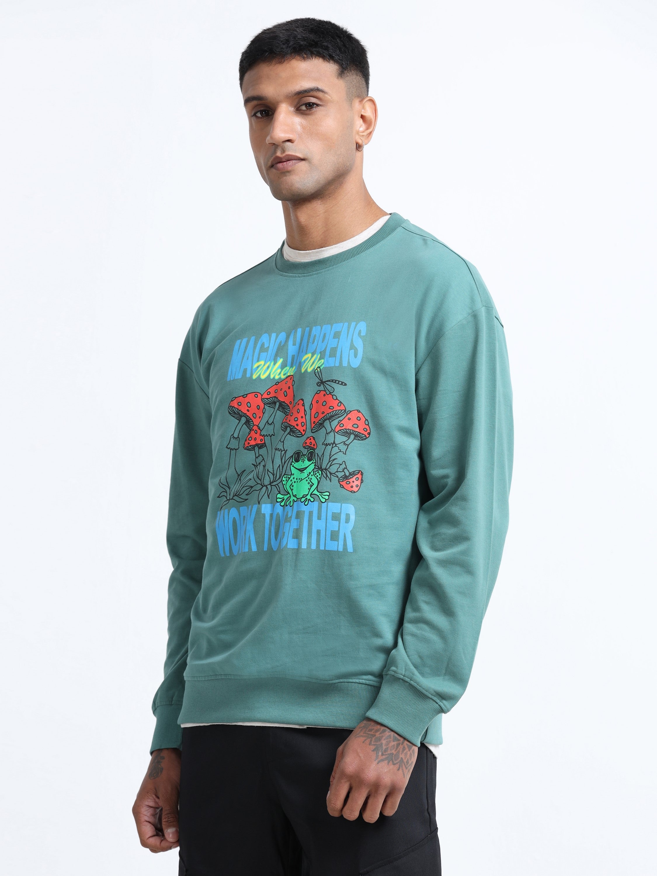 Men Green Printed Oversized Sweatshirt