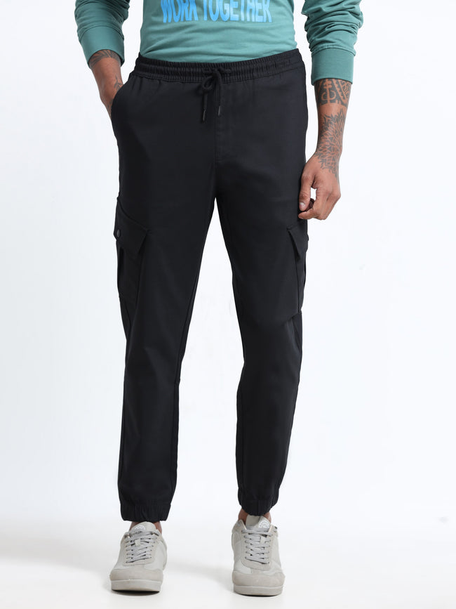 Men Black Cotton Blend Cargo Jogger Pants