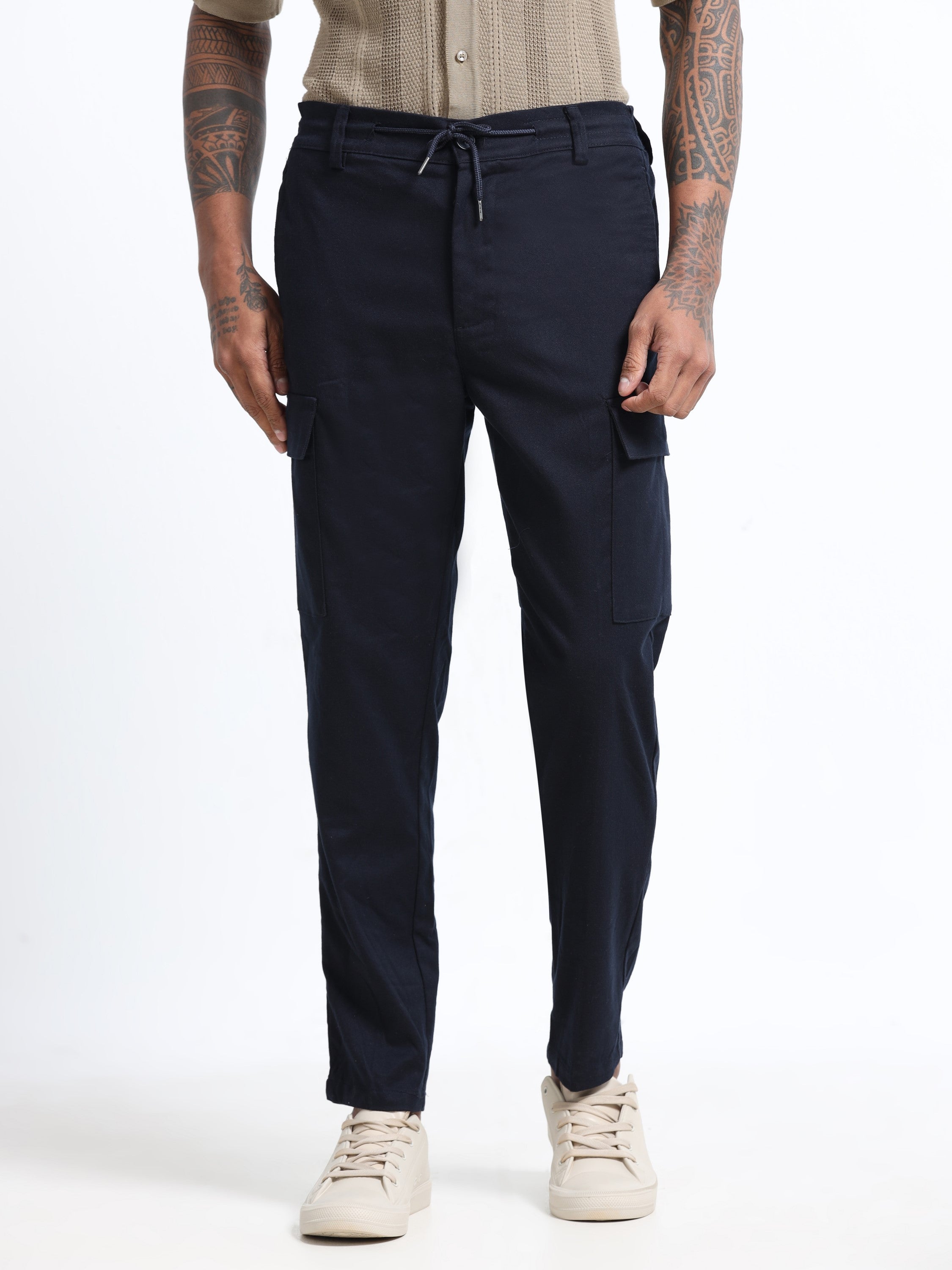 Men Navy Regular Fit Cargo Pants