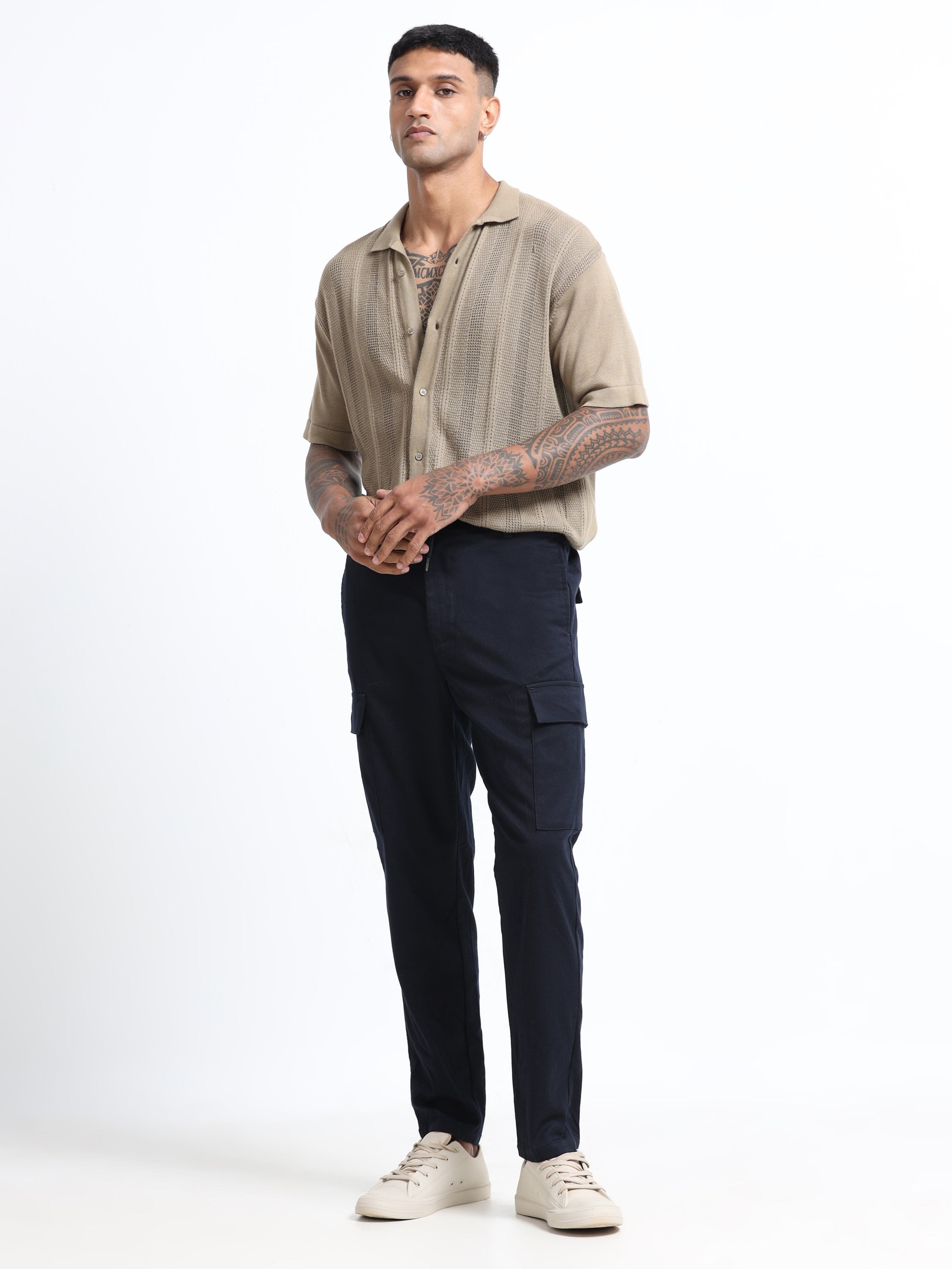 Men Navy Regular Fit Cargo Pants