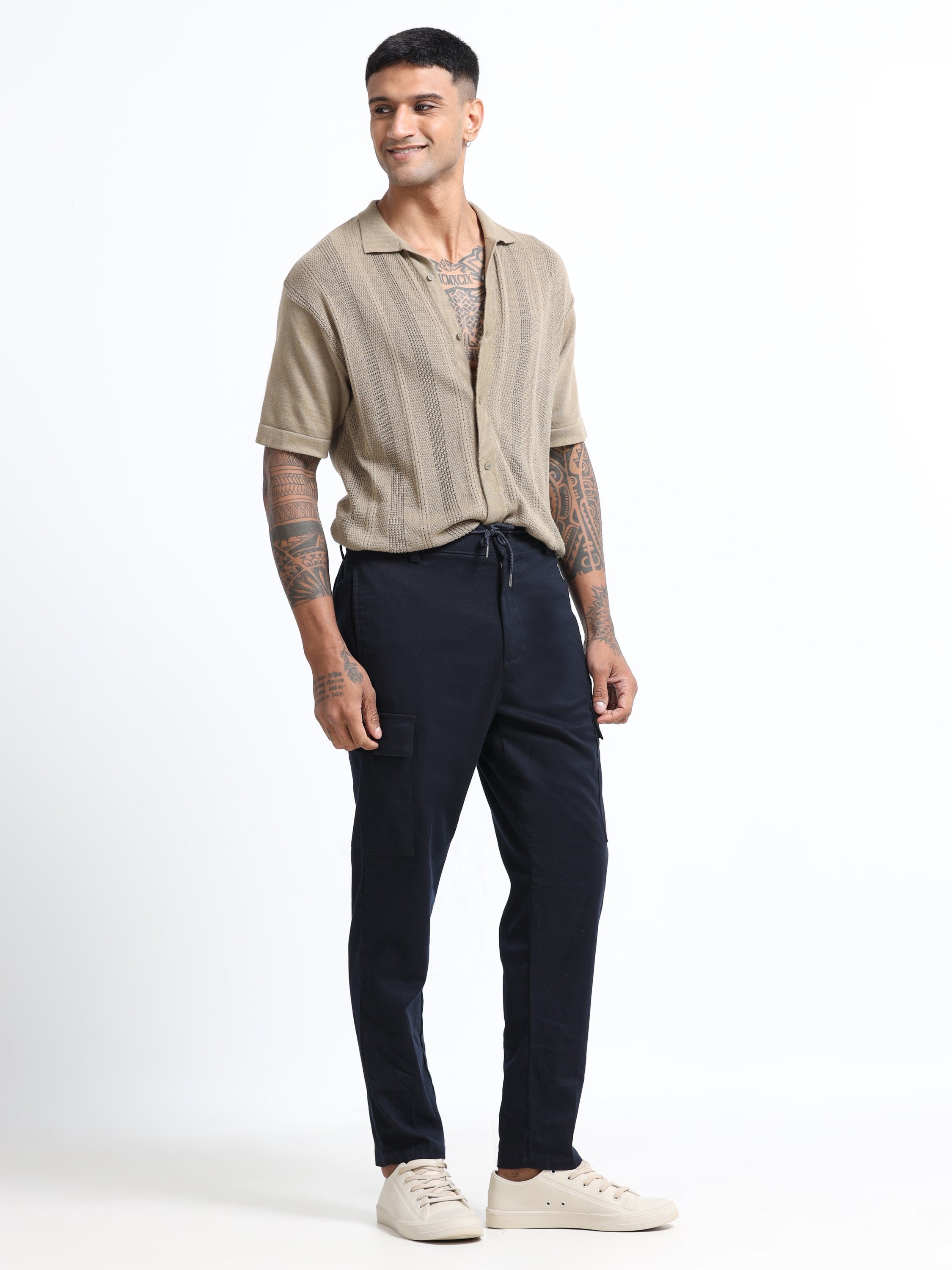 Men Navy Regular Fit Cargo Pants