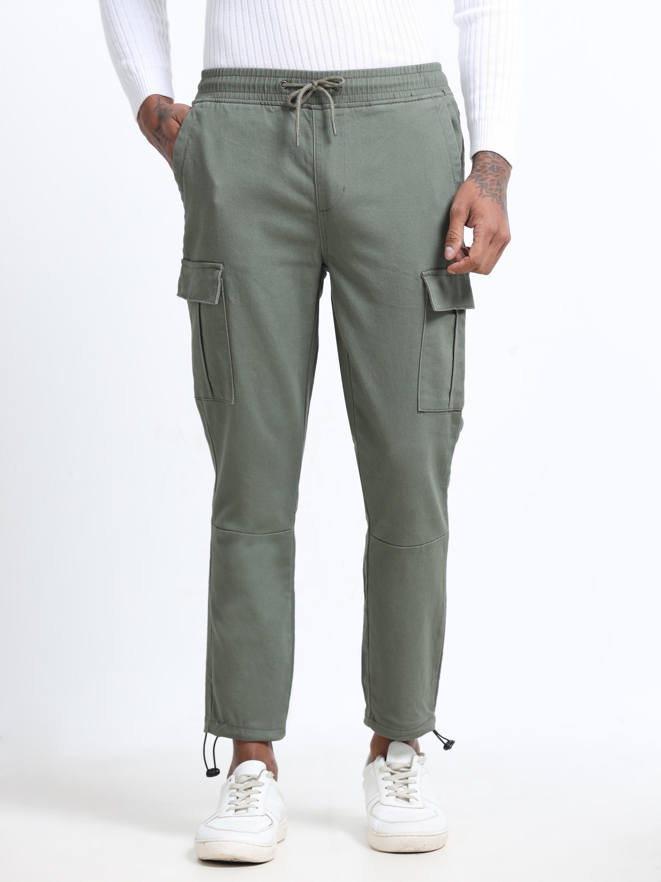 Men Cotton Stretch Olive Cargo Pants