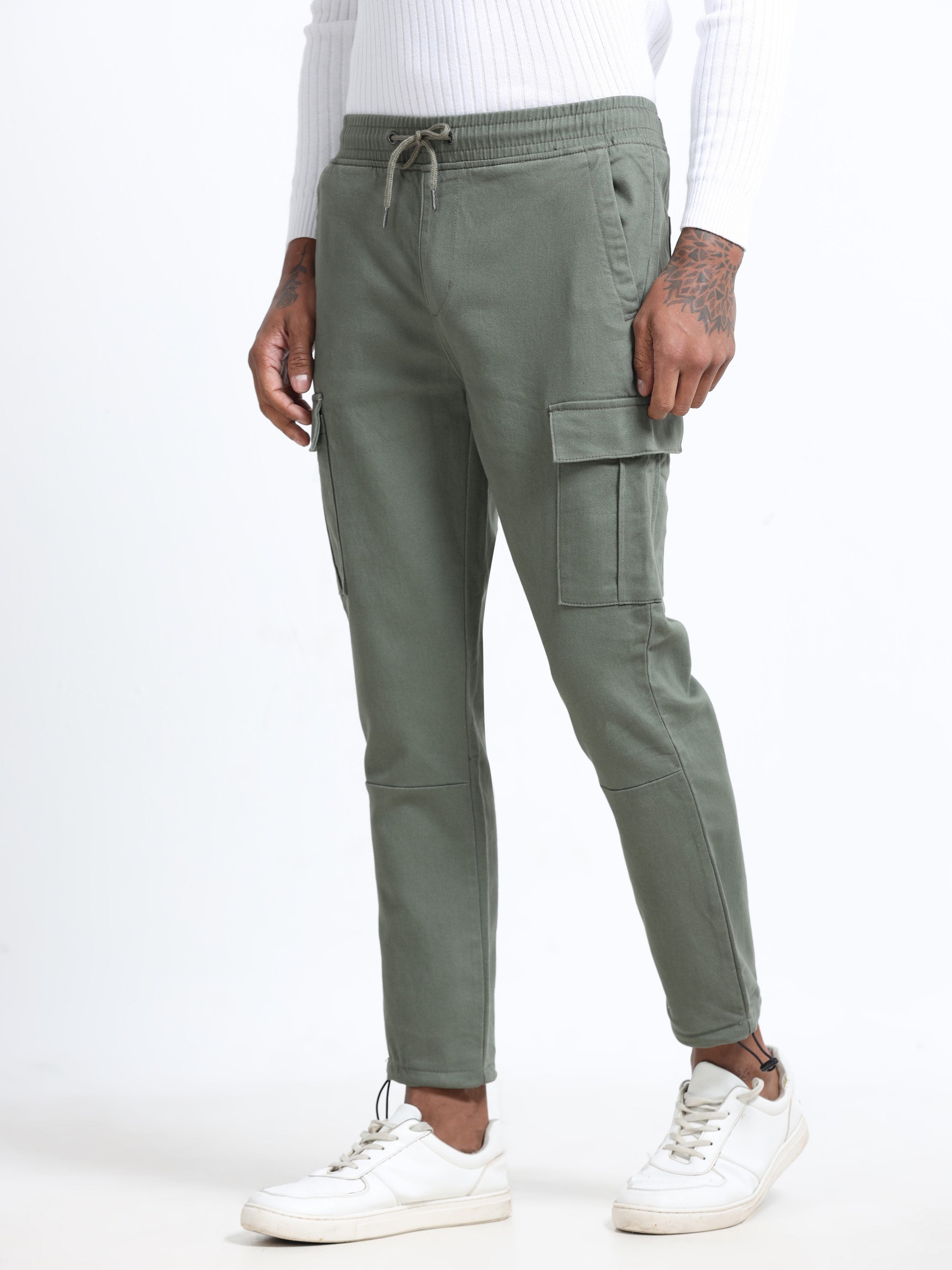 Men Cotton Stretch Olive Cargo Pants
