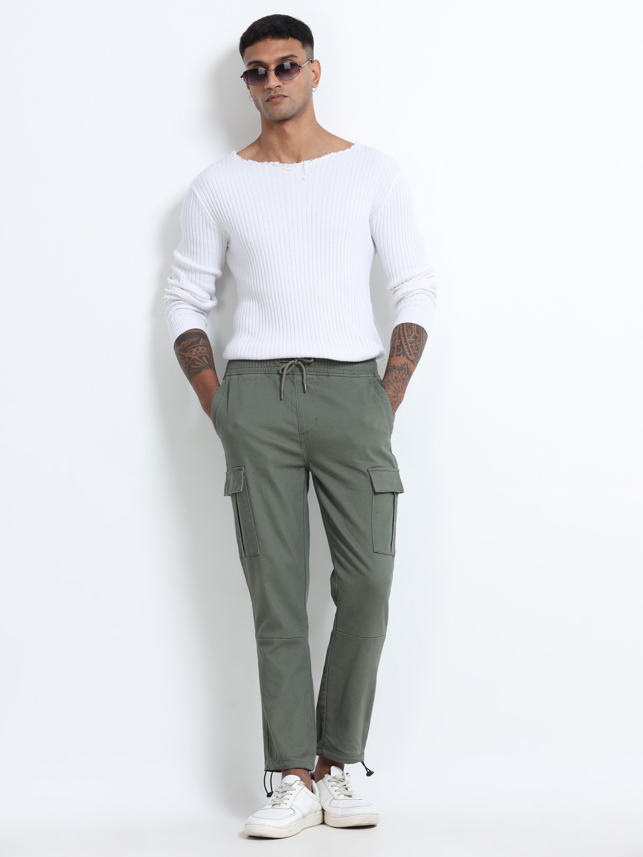 Men Cotton Stretch Olive Cargo Pants