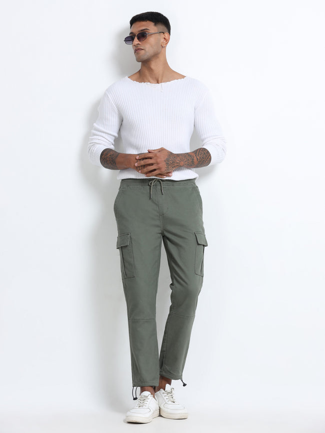 Men Cotton Stretch Olive Cargo Pants