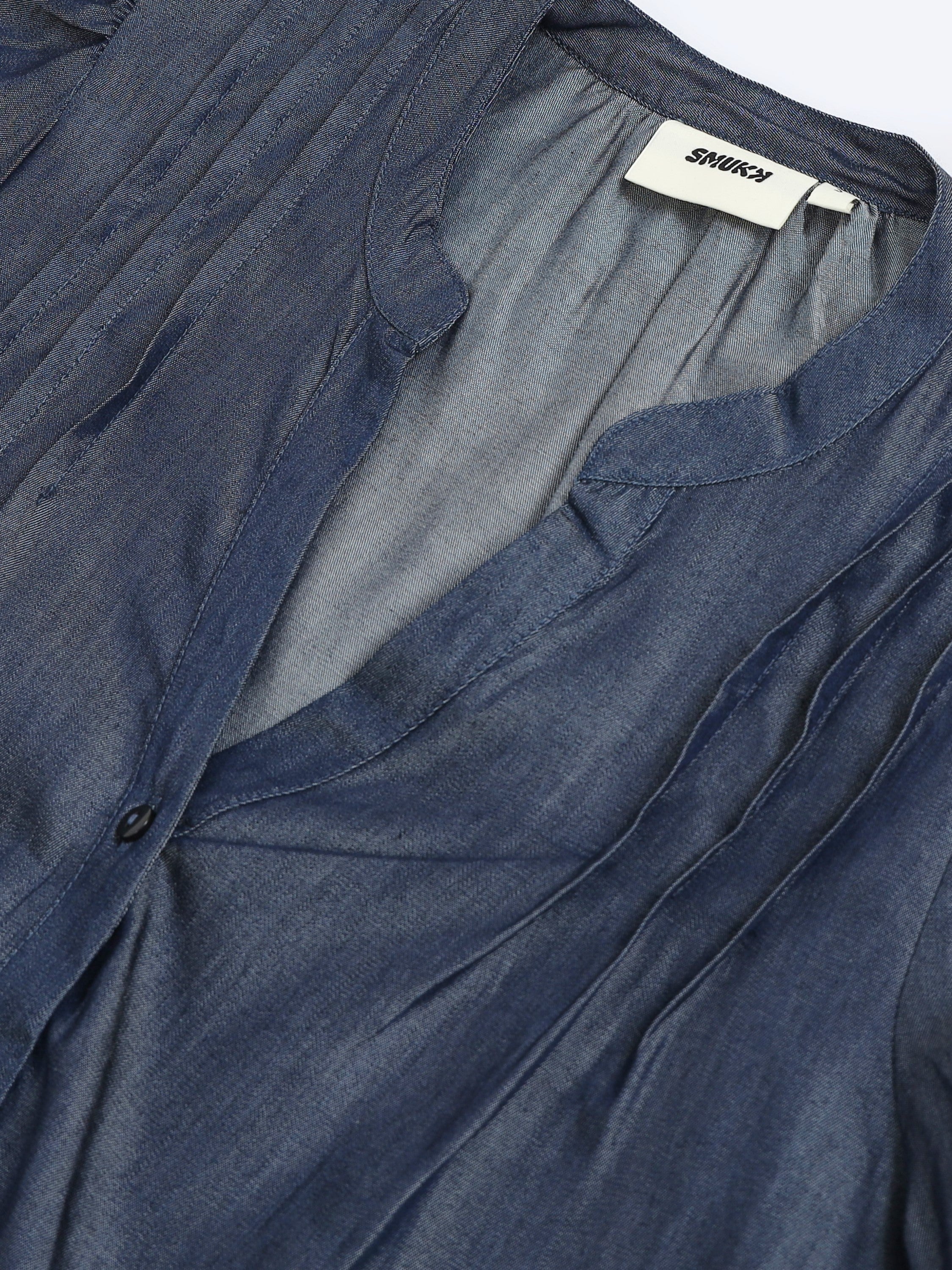 Women Denim Look Pintuck V-Neck Top