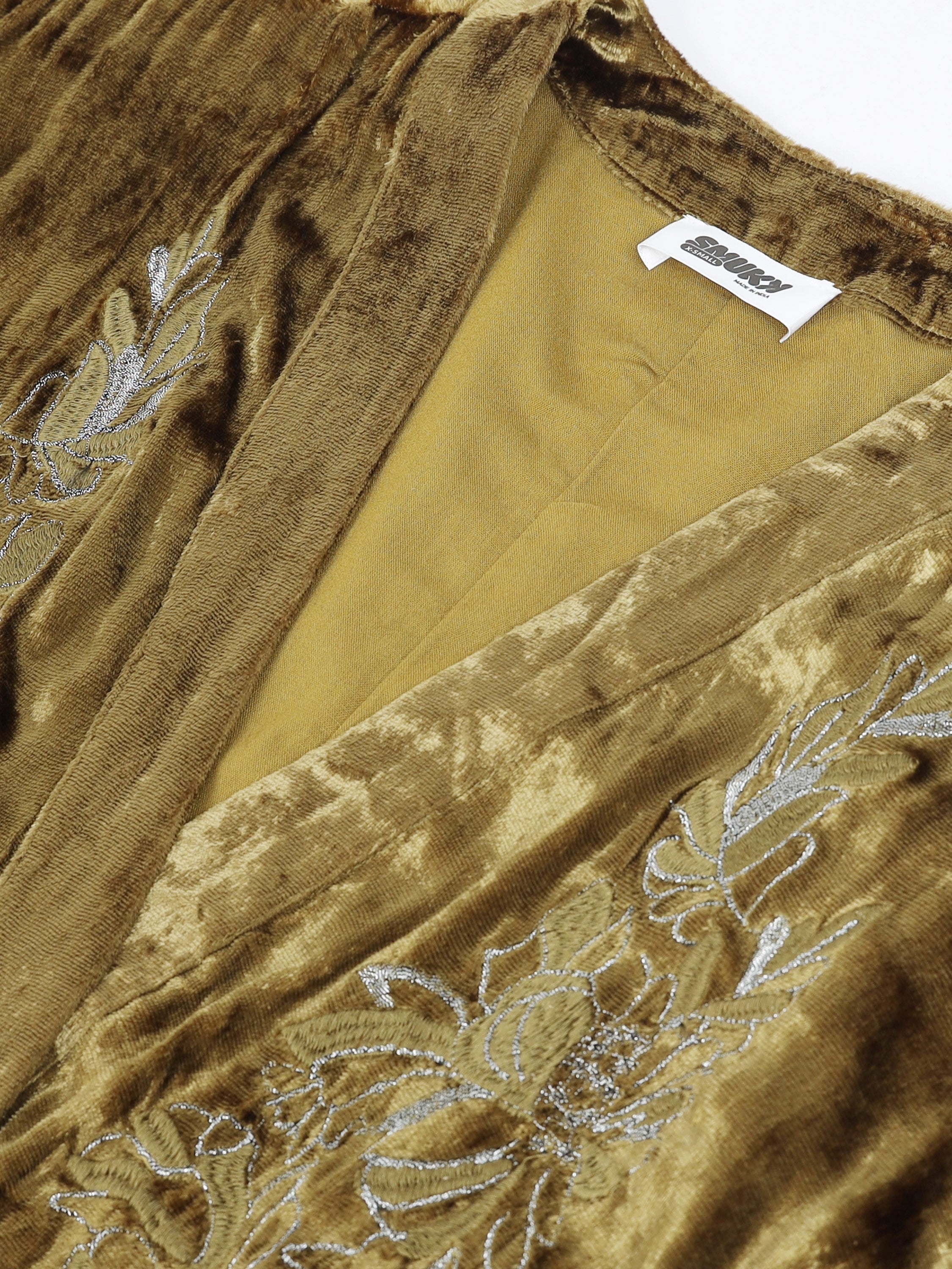 Women Green Velvet Embellished Kimono Jacket