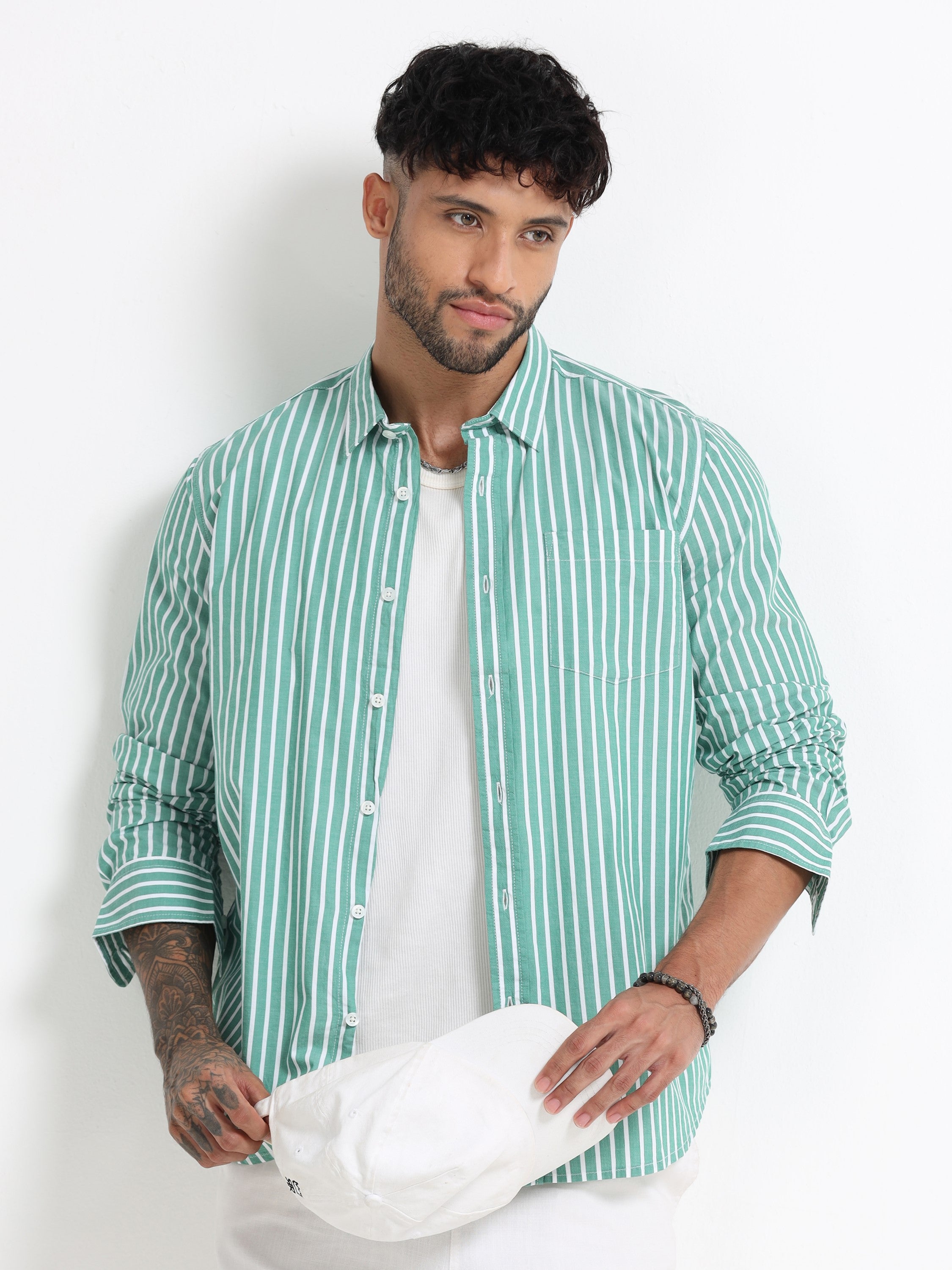 Men Green & White Stripe Shirt