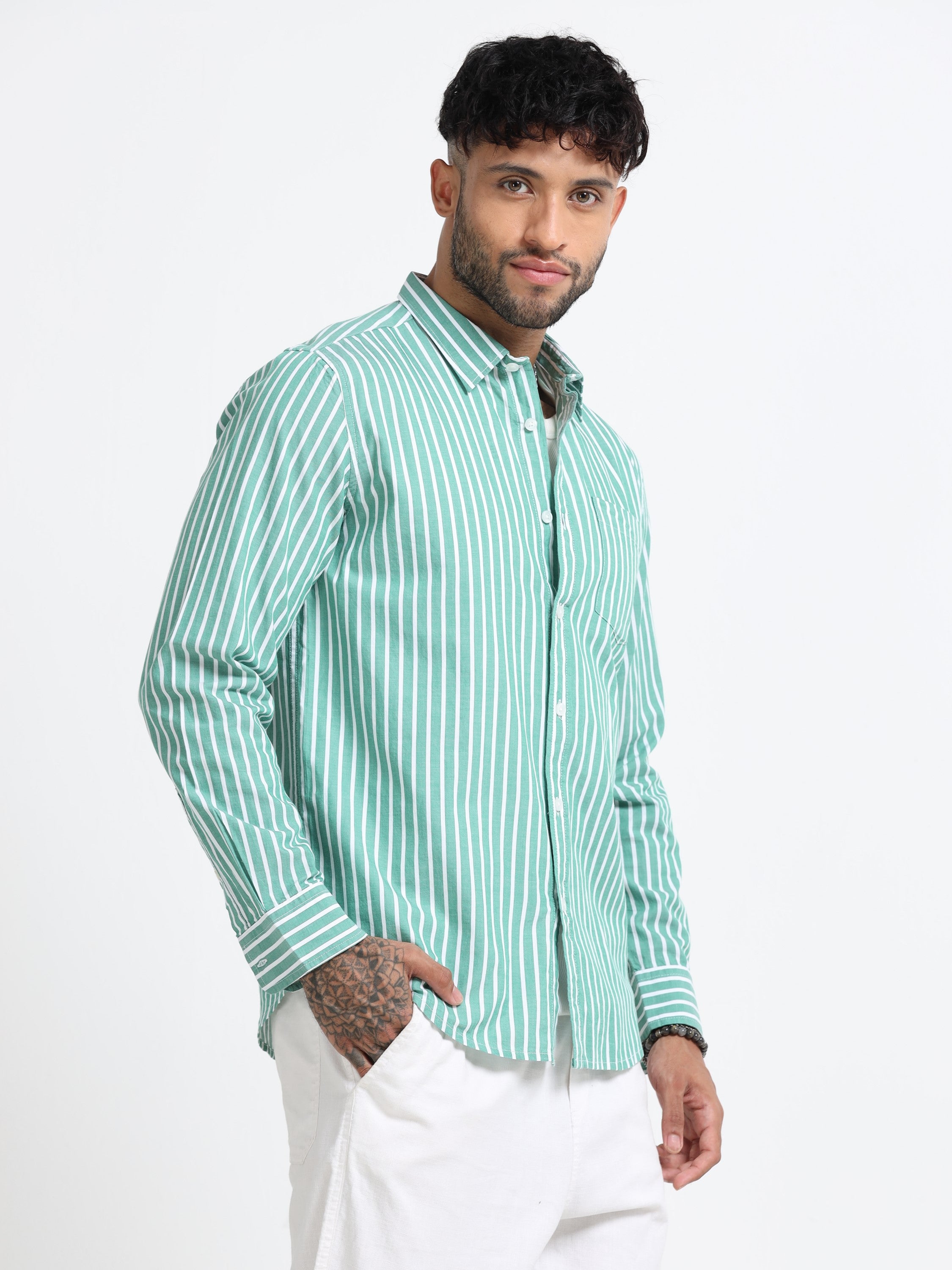 Men Green & White Stripe Shirt