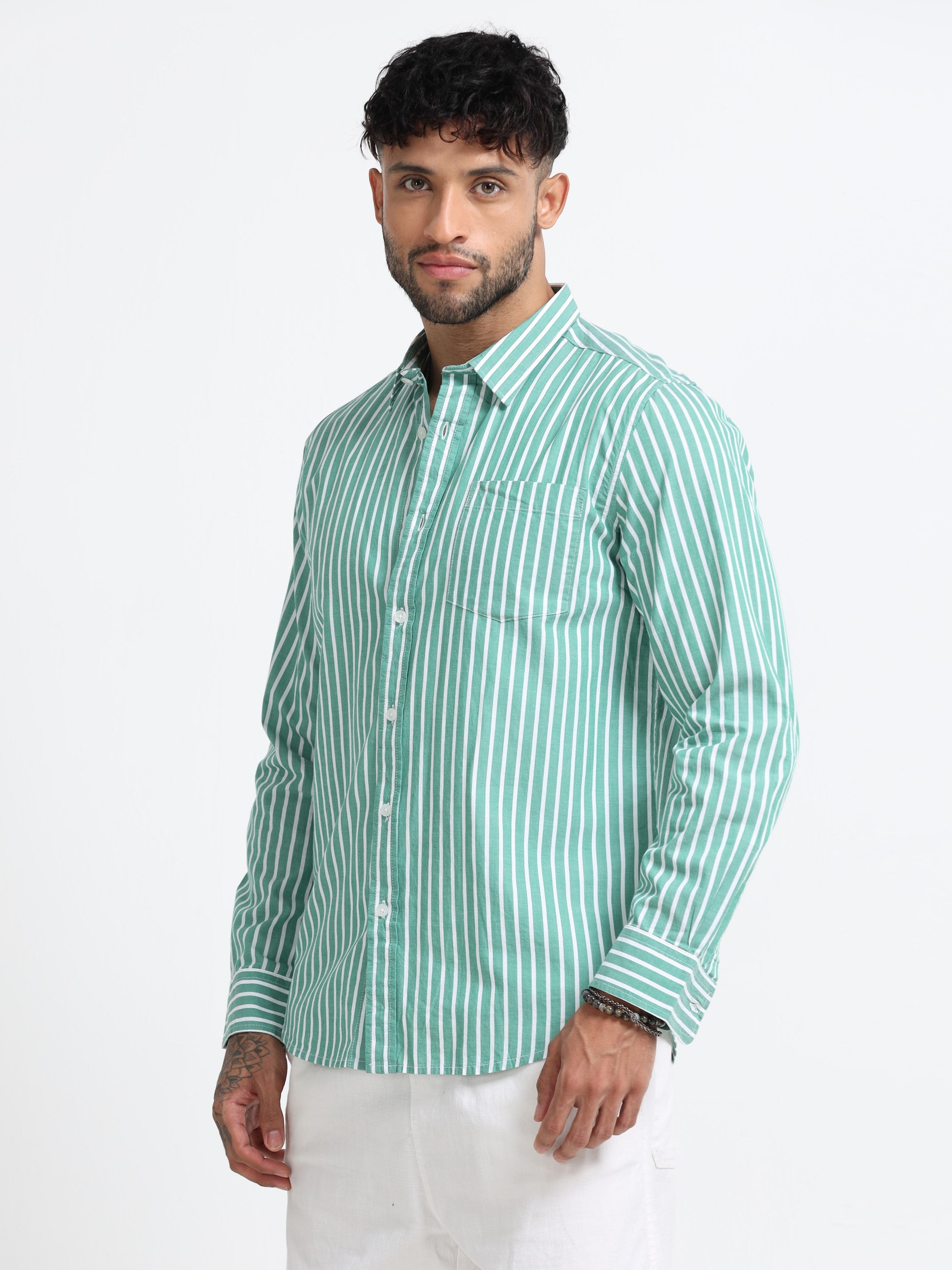 Men Green & White Stripe Shirt