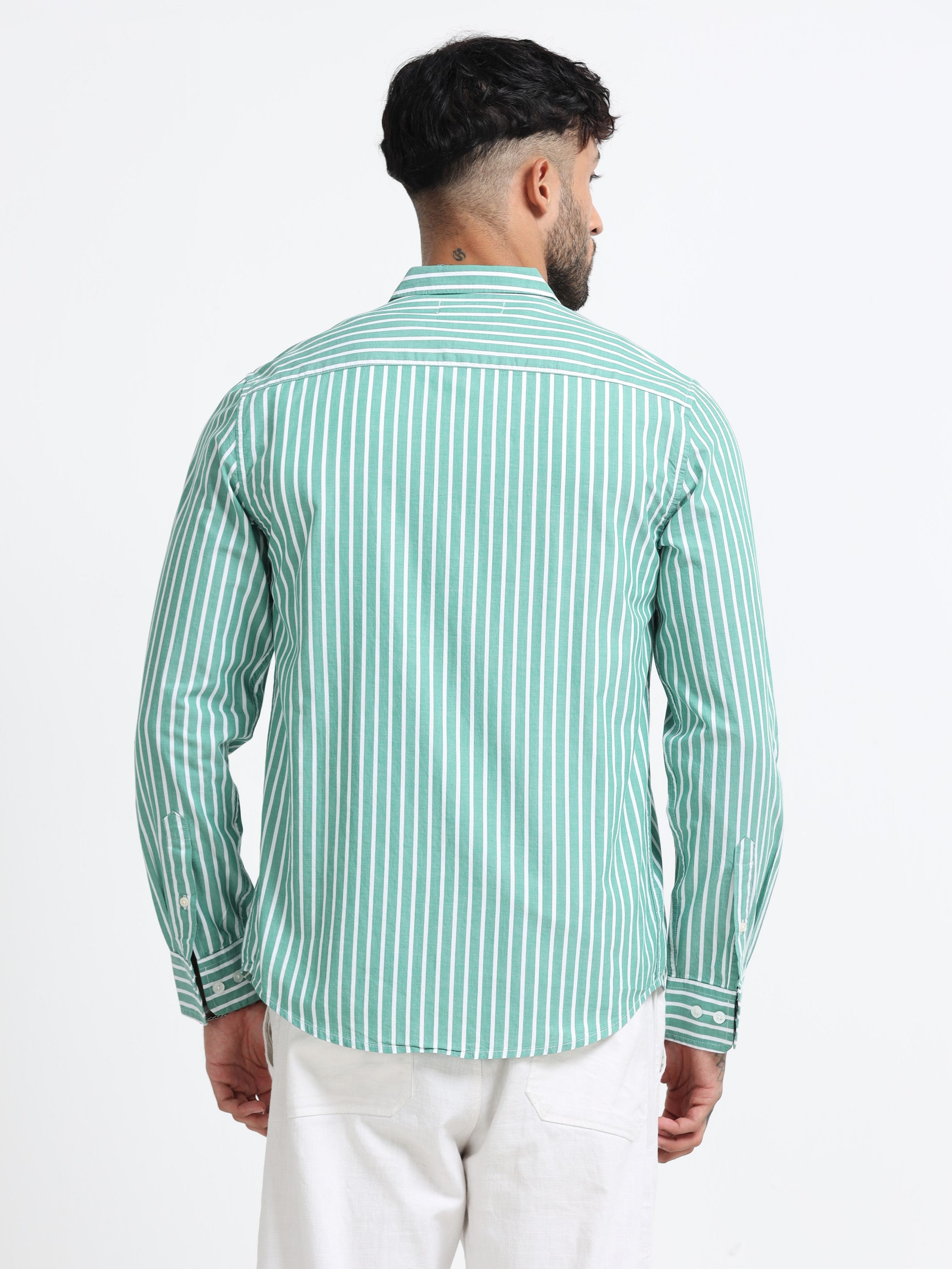 Men Green & White Stripe Shirt