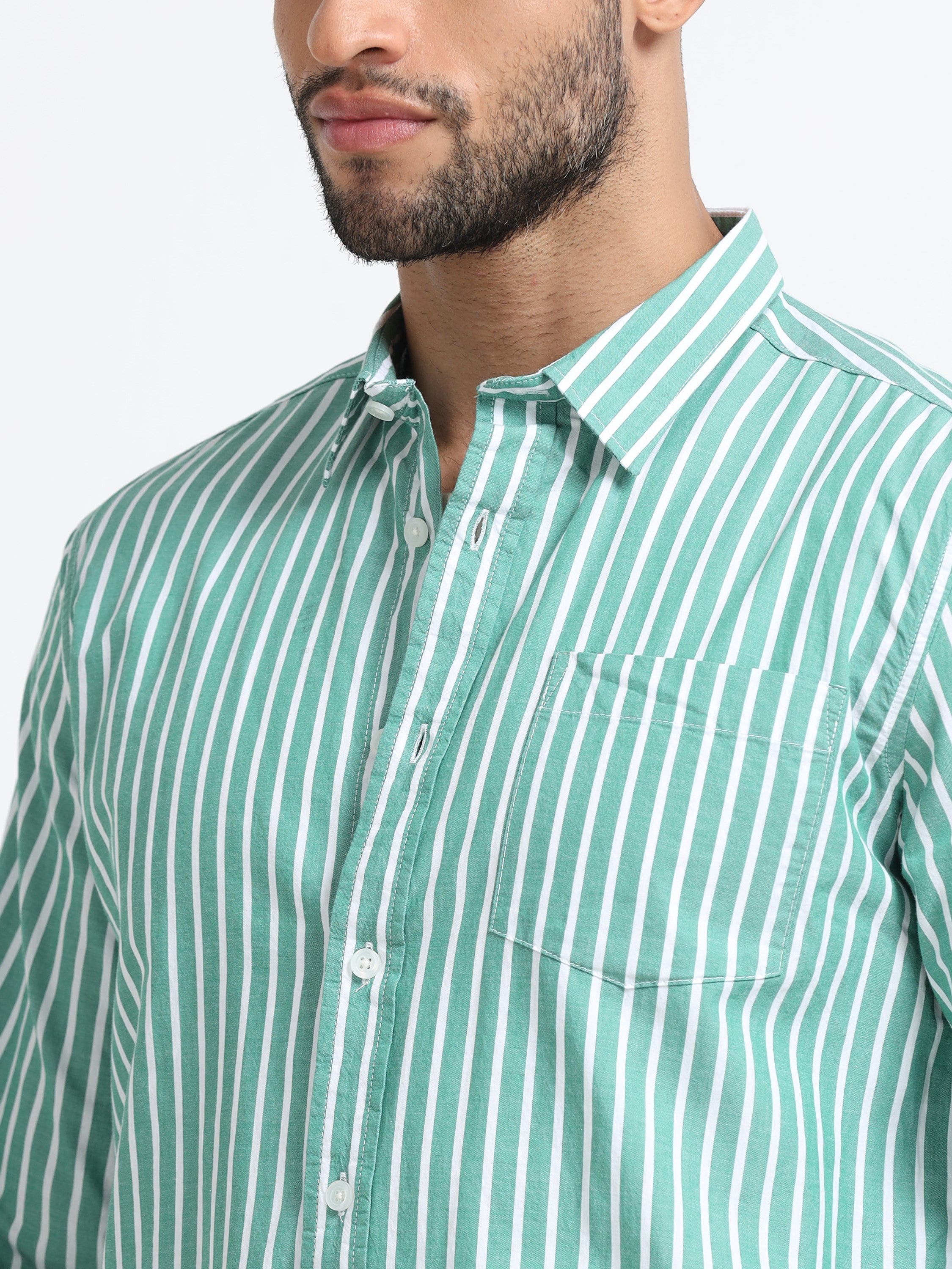 Men Green & White Stripe Shirt