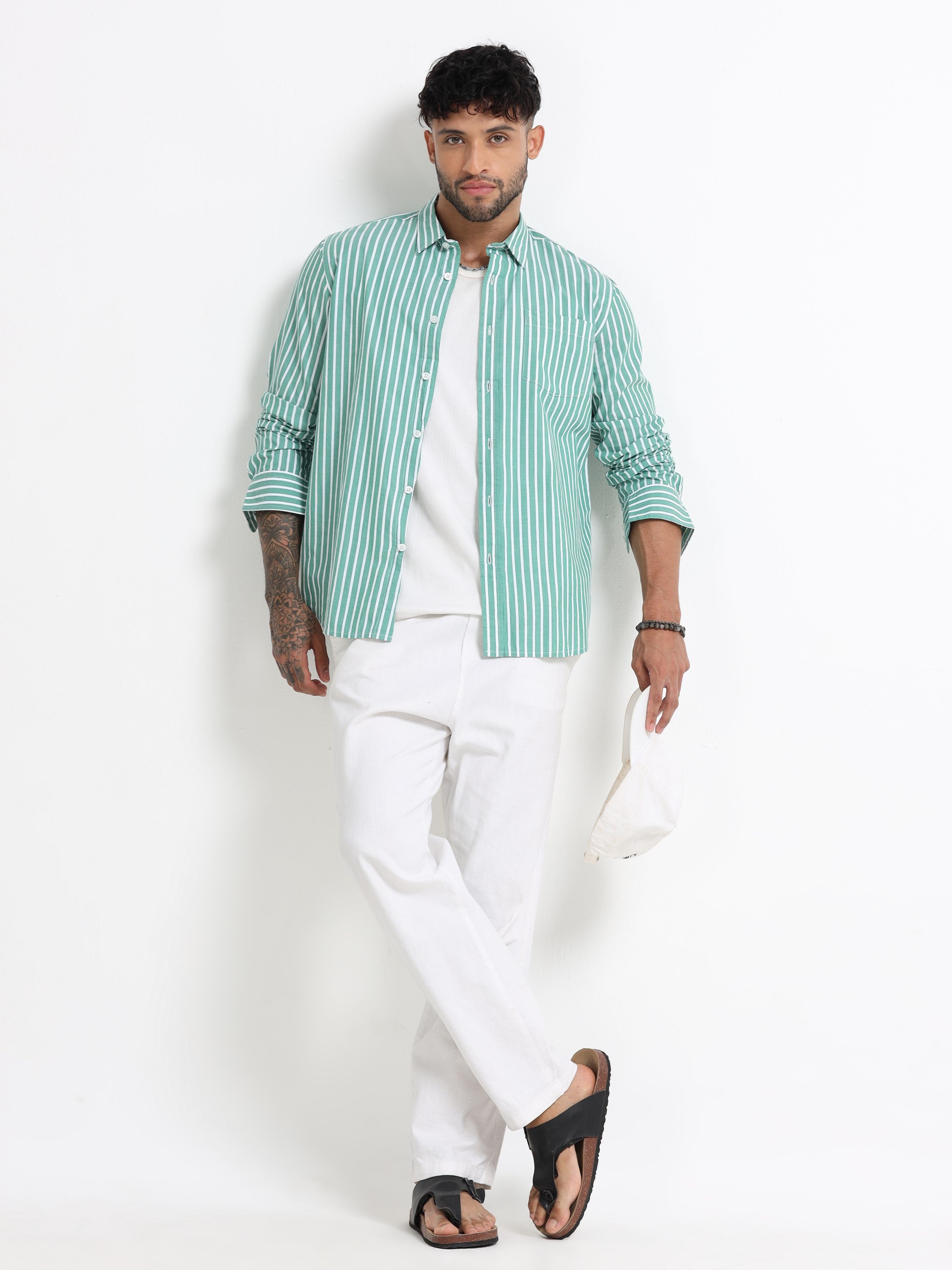 Men Green & White Stripe Shirt
