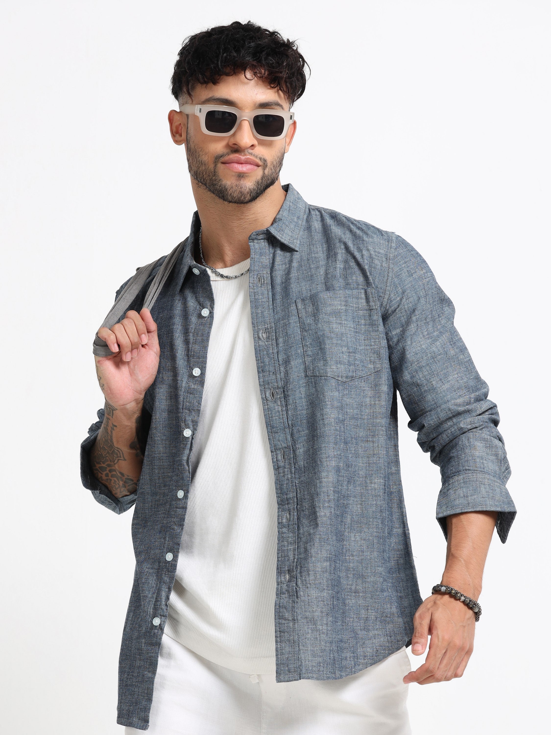 Men Grey Mélange Solid Shirt