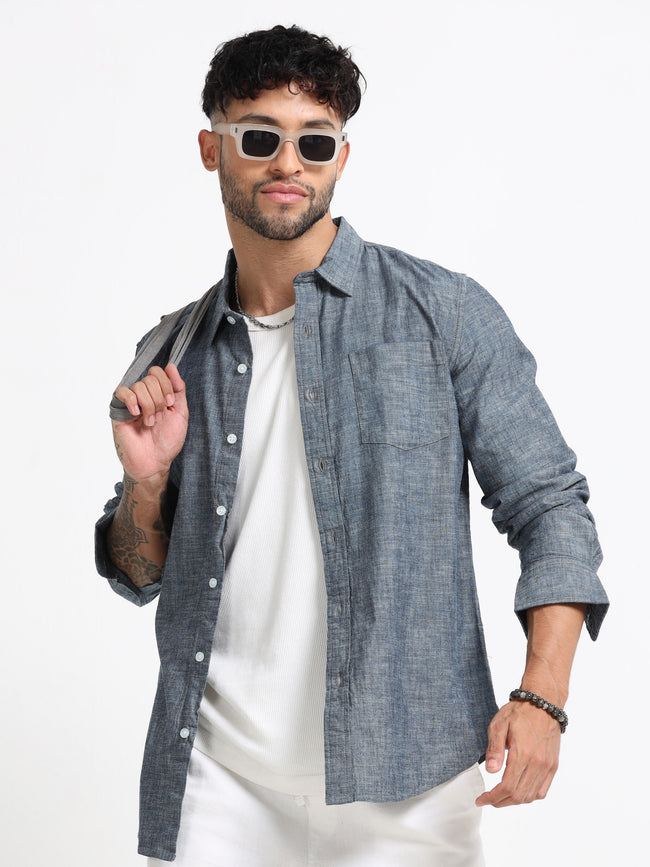 Men Grey Mélange Solid Shirt