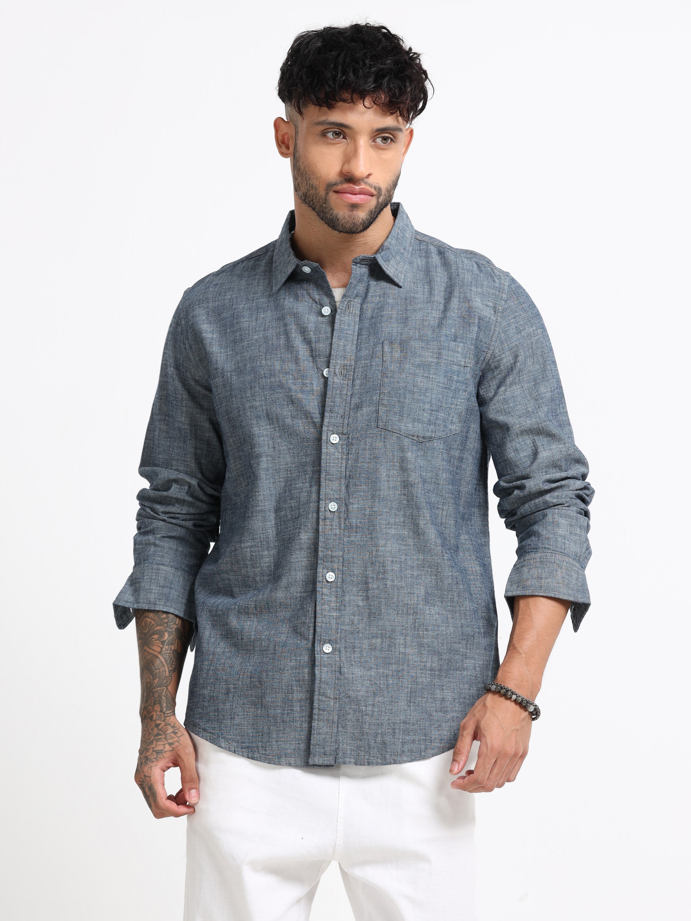 Men Grey Mélange Solid Shirt