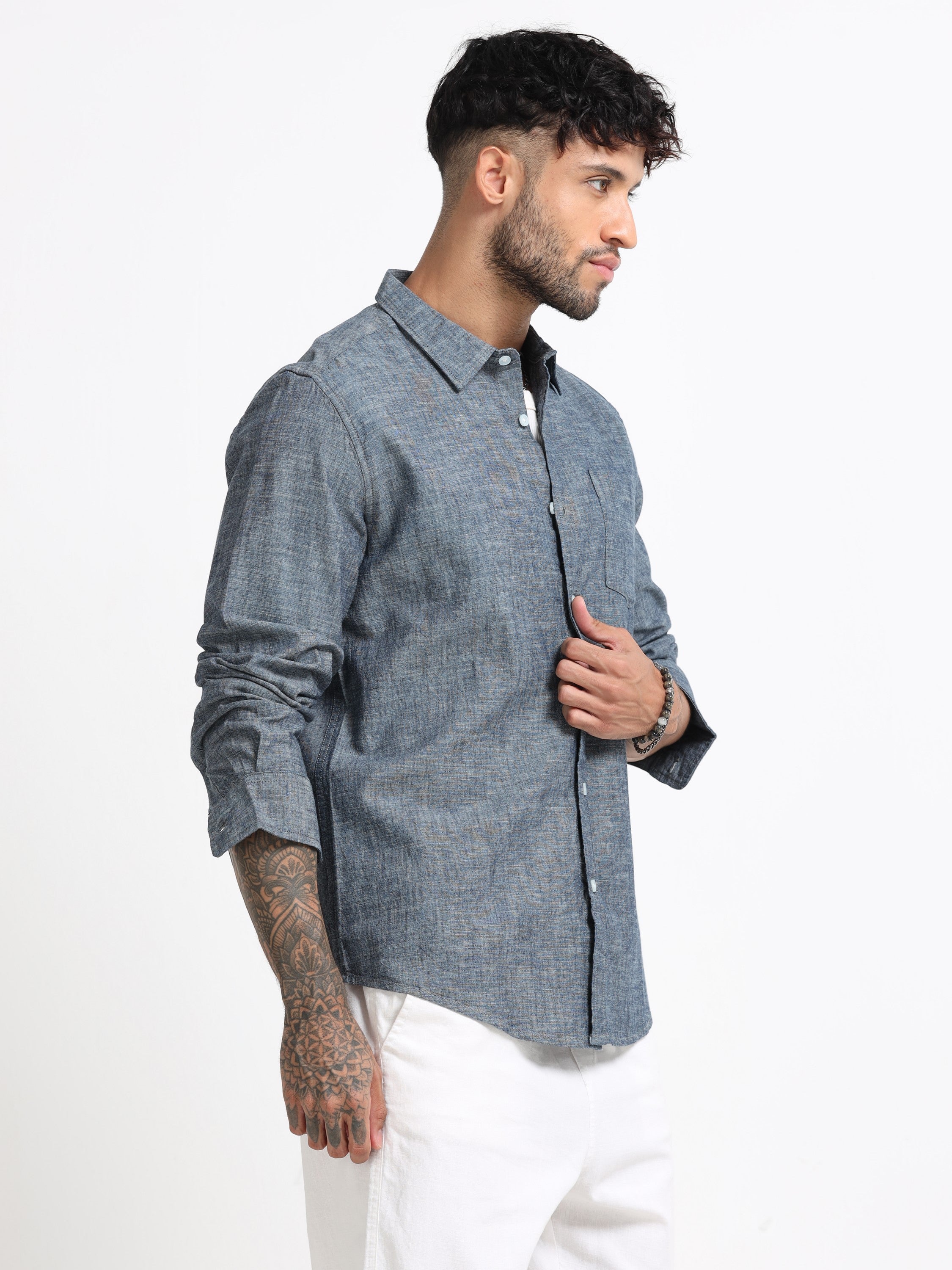 Men Grey Mélange Solid Shirt