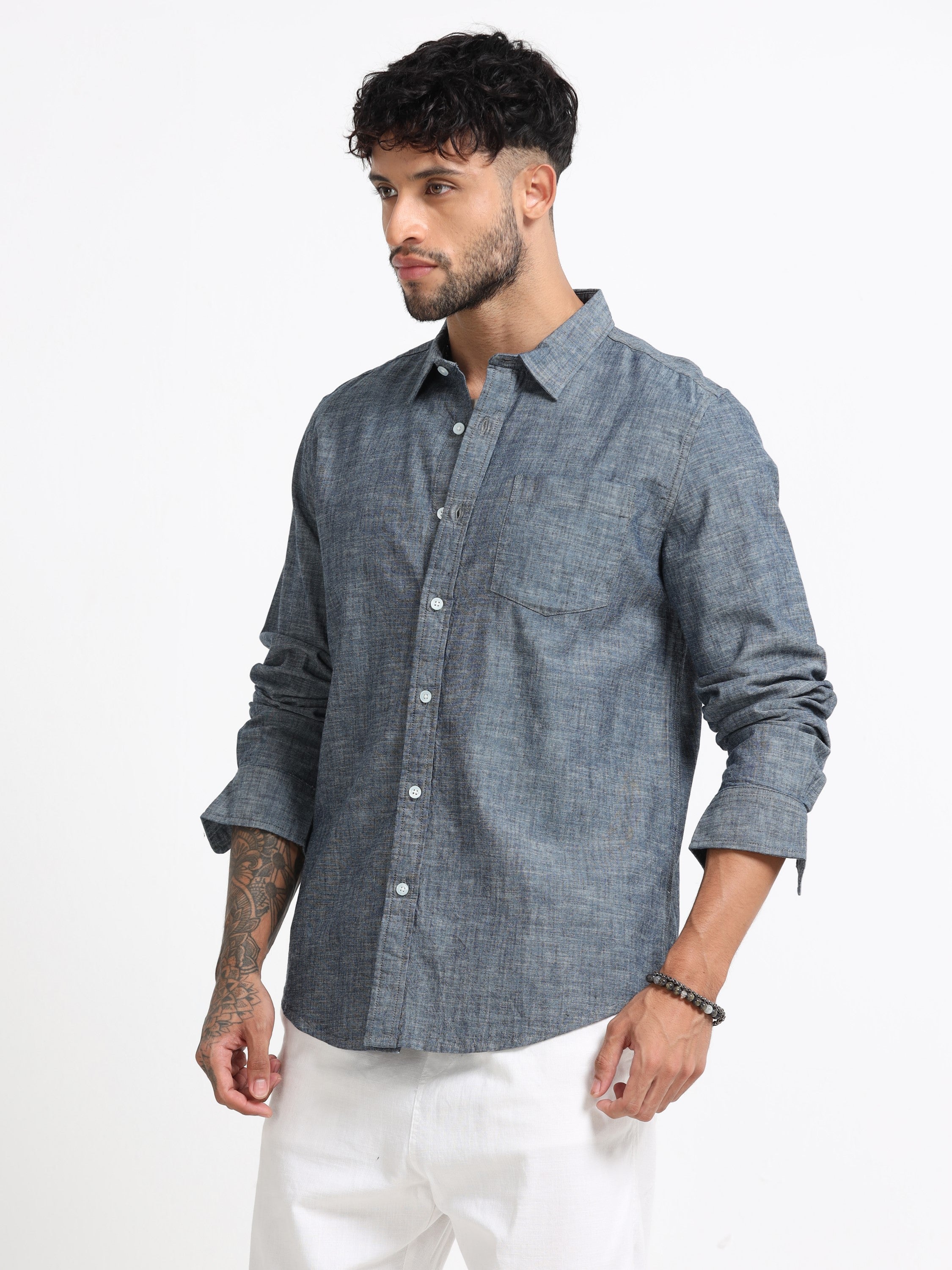 Men Grey Mélange Solid Shirt