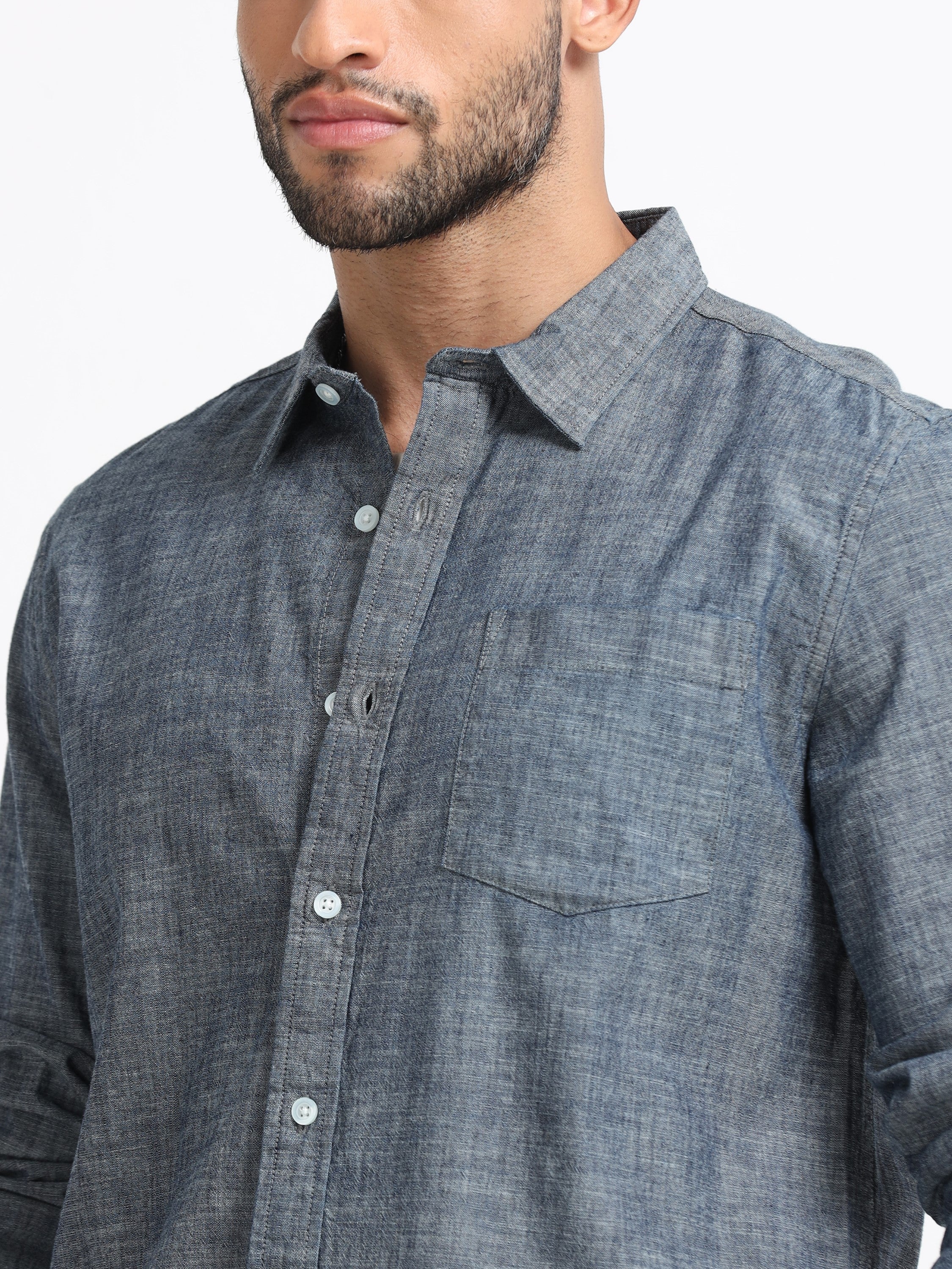 Men Grey Mélange Solid Shirt