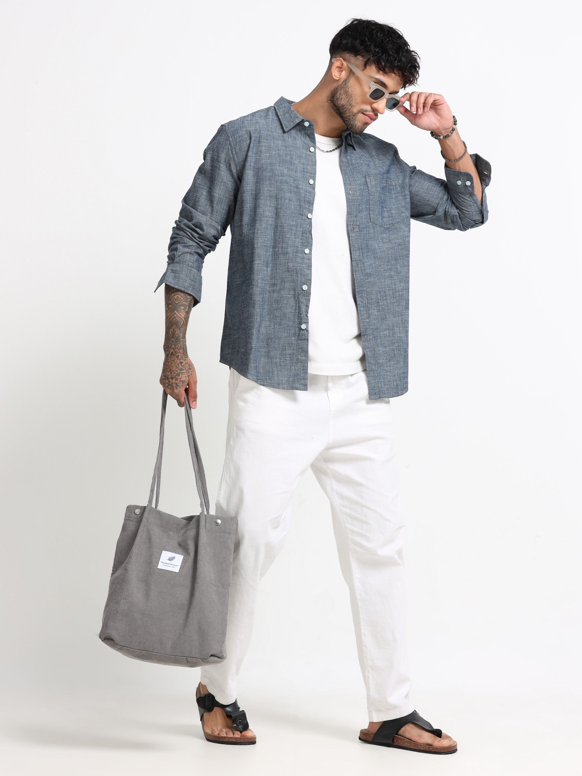 Men Grey Mélange Solid Shirt