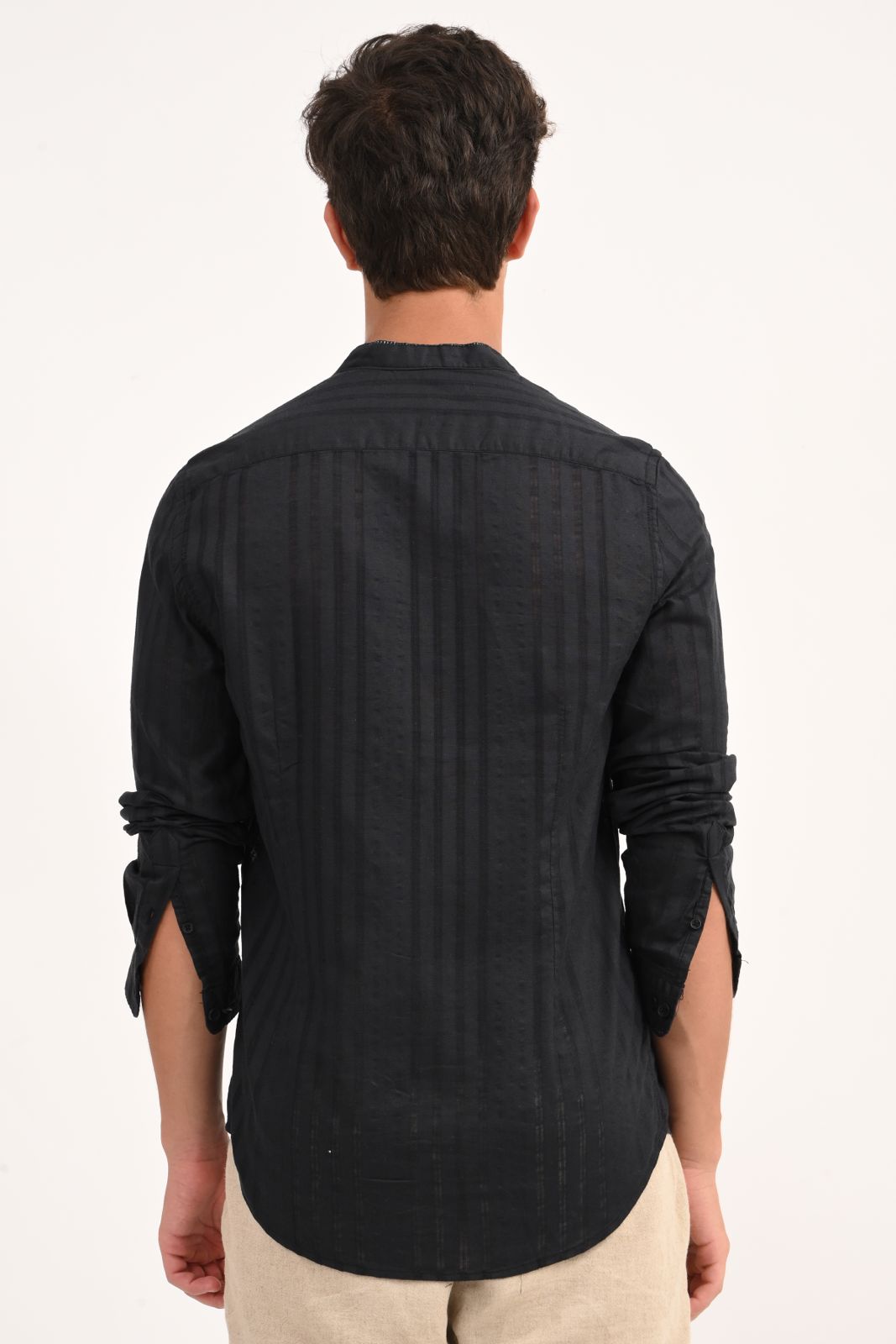 Mens Becky Black Striped Linen Check Shirt