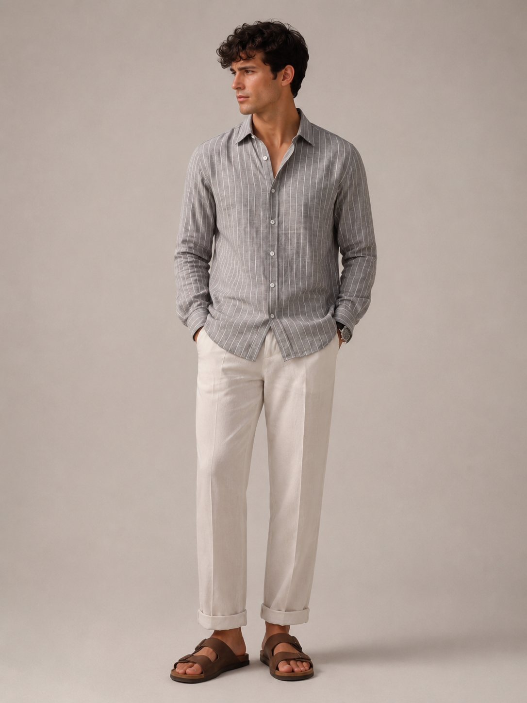 Men Grey Pinstripe Long Sleeve Shirt