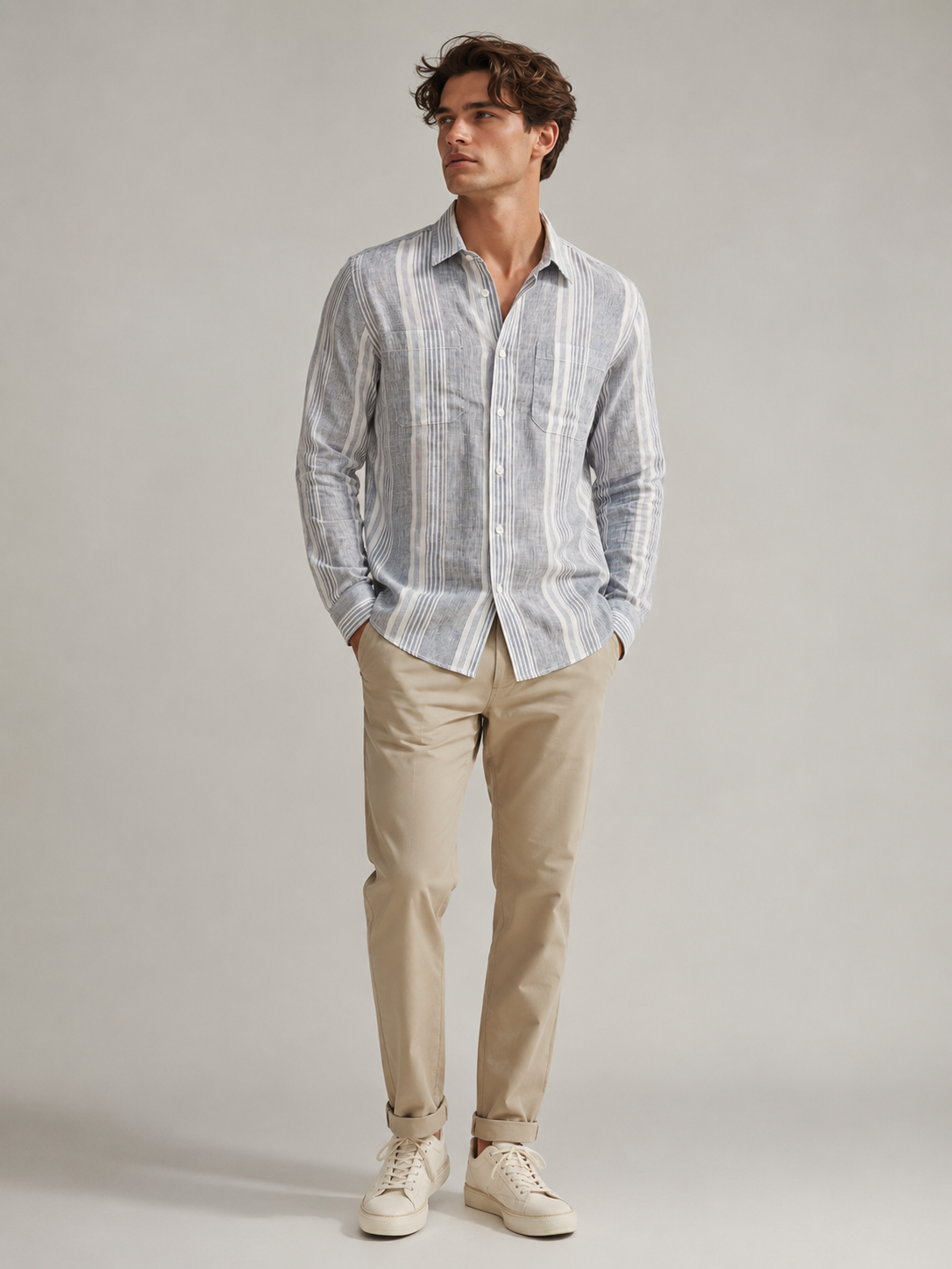 Men Grey Vertical Striped Long Sleeve Shirt