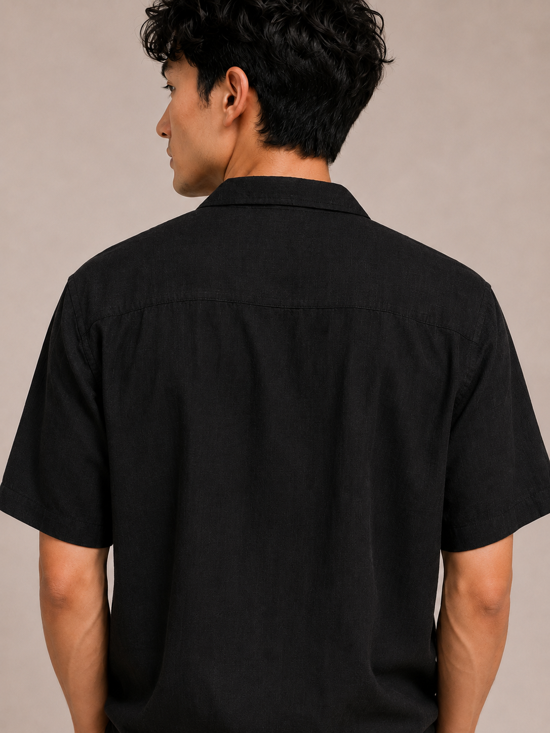 Men Black Textured Camp Collar Shirt