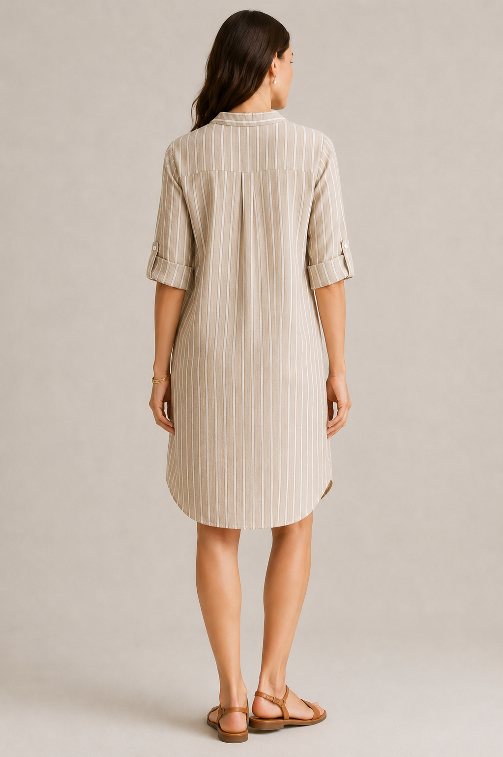 Women Minimal Stripe Shirt Dress In Beige