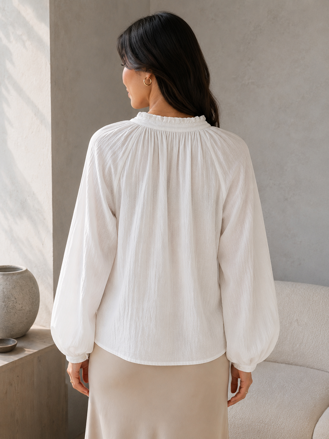 Women White Frilled Double Gauze Top