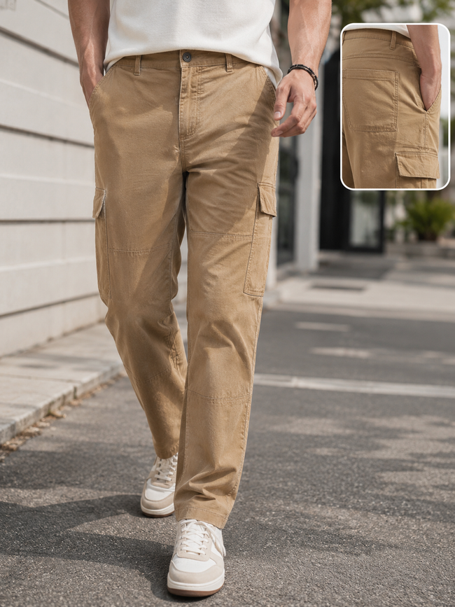 Men Khaki Comfort Cargo Pants with 6 Pockets