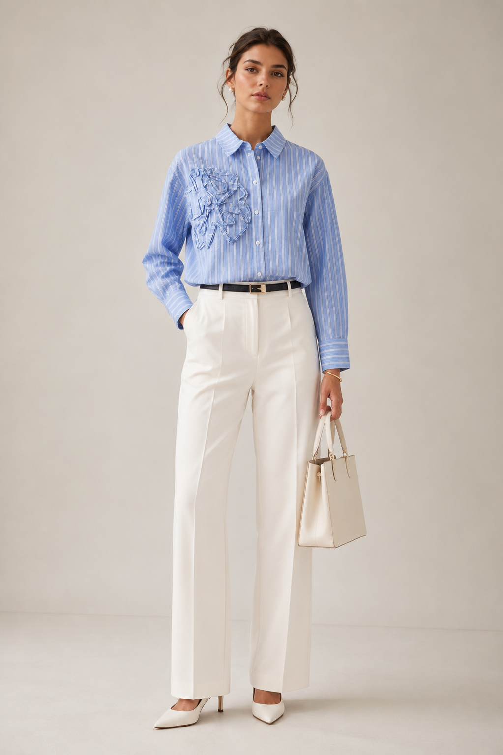 Women Blue Stripe Shirt With Ruffle Detail